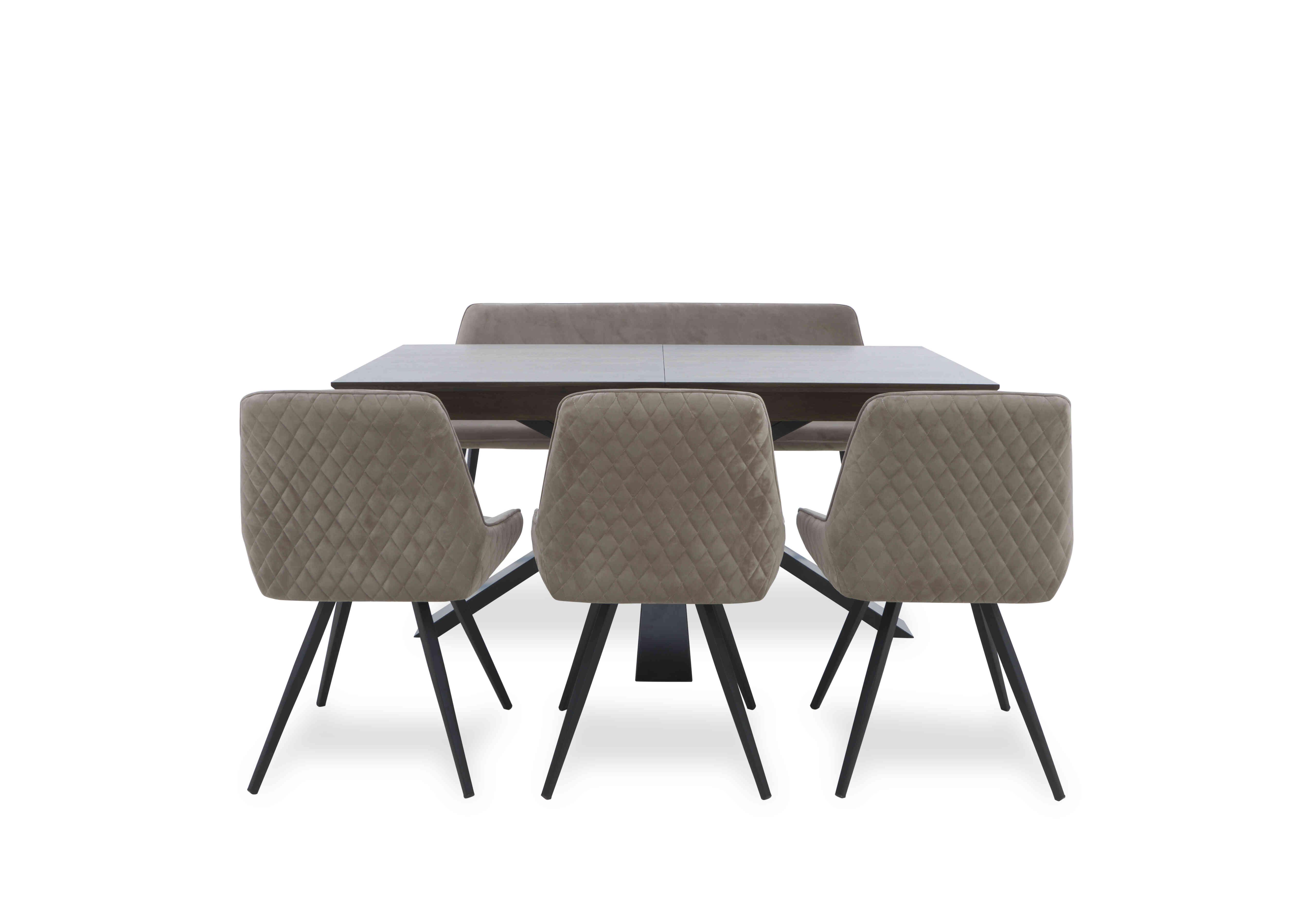Saigon Extending Table with Metal Base and 3 Velvet Dining Chairs and Dining Bench in Taupe Velvet on Furniture Village