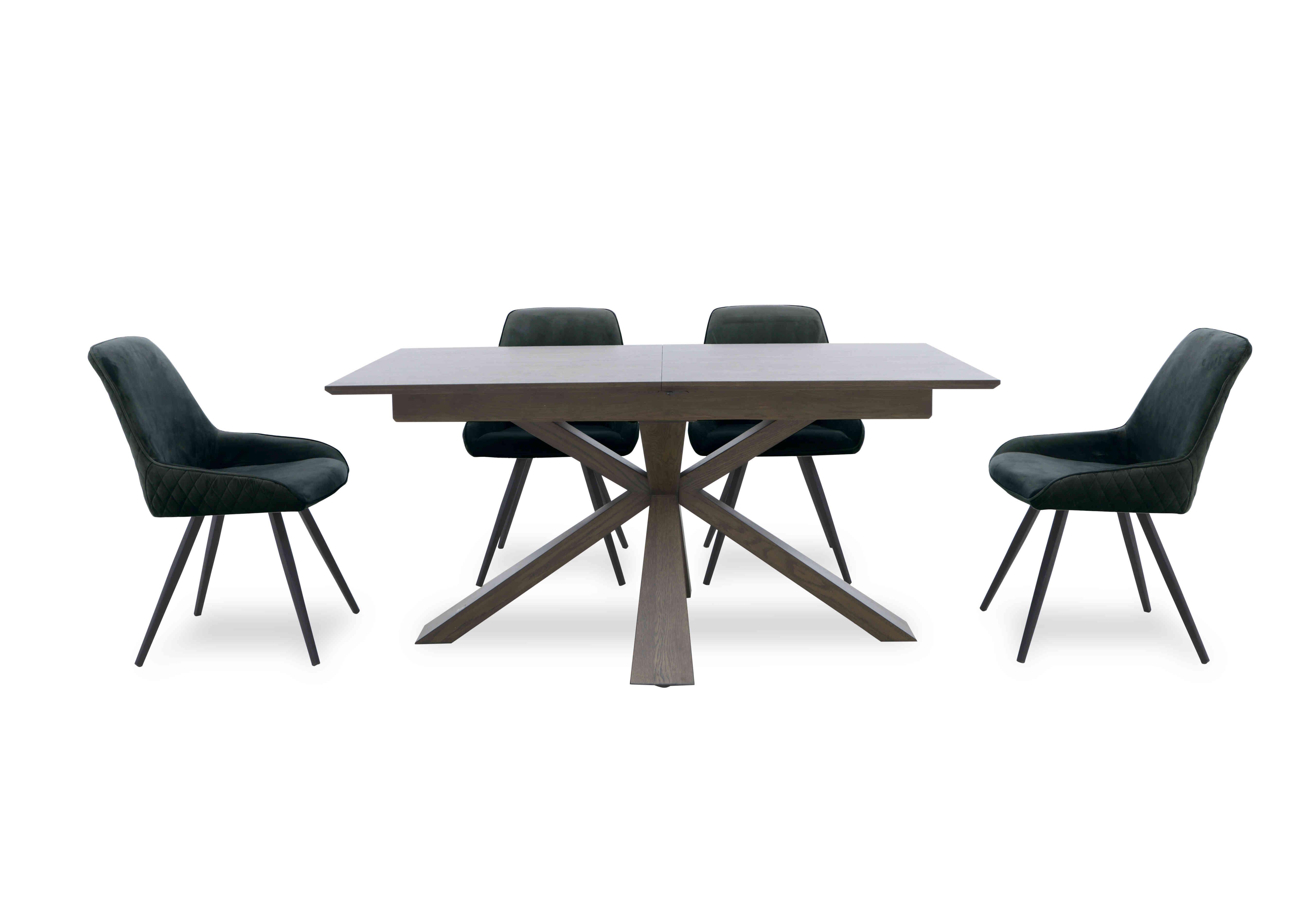 Saigon Extending Table with Wooden Base and 4 Velvet Dining Chairs in Forest Green Velvet on Furniture Village