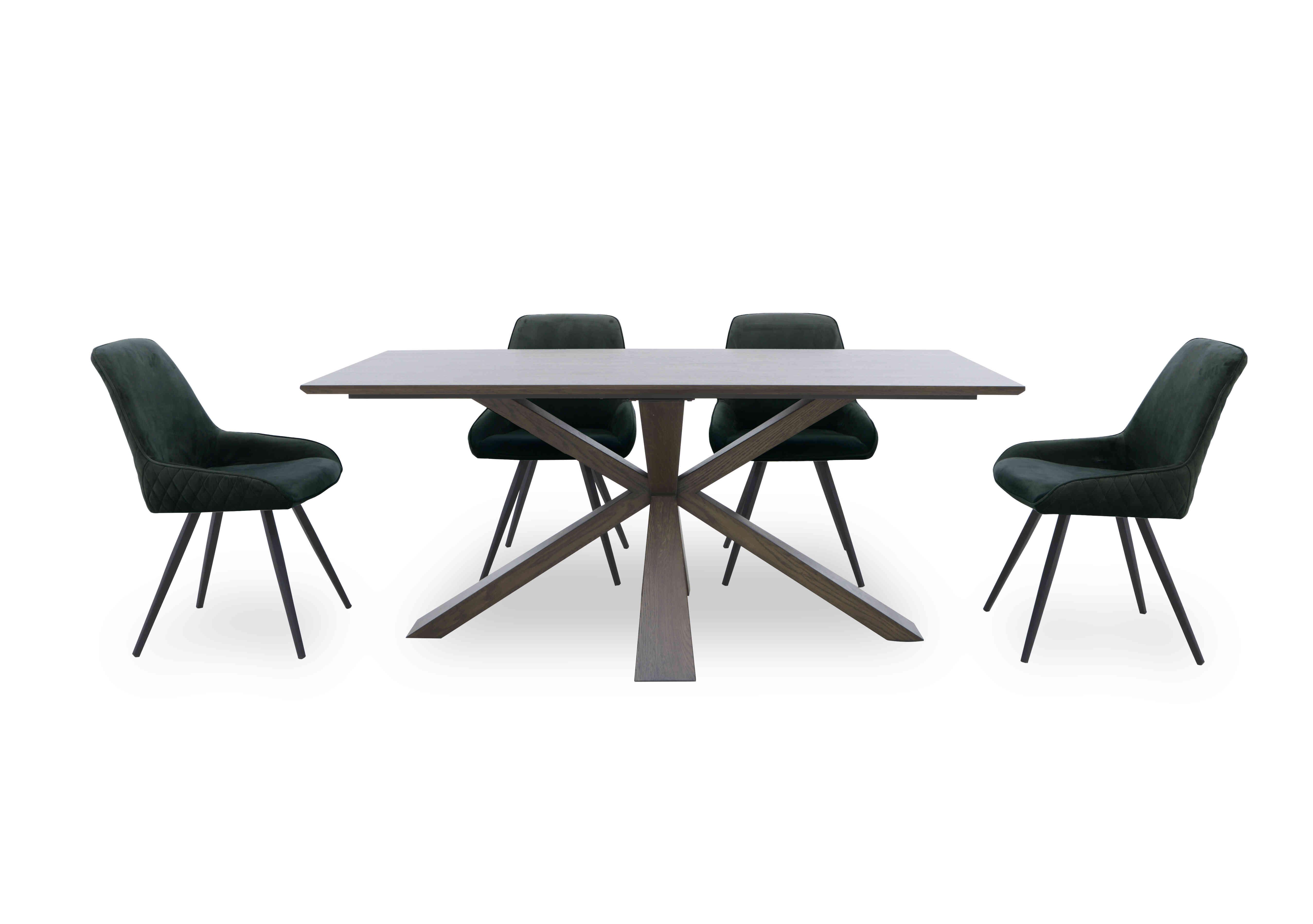 Saigon Fixed Table with Wooden Base and 4 Velvet Dining Chairs in Forest Green Velvet on Furniture Village