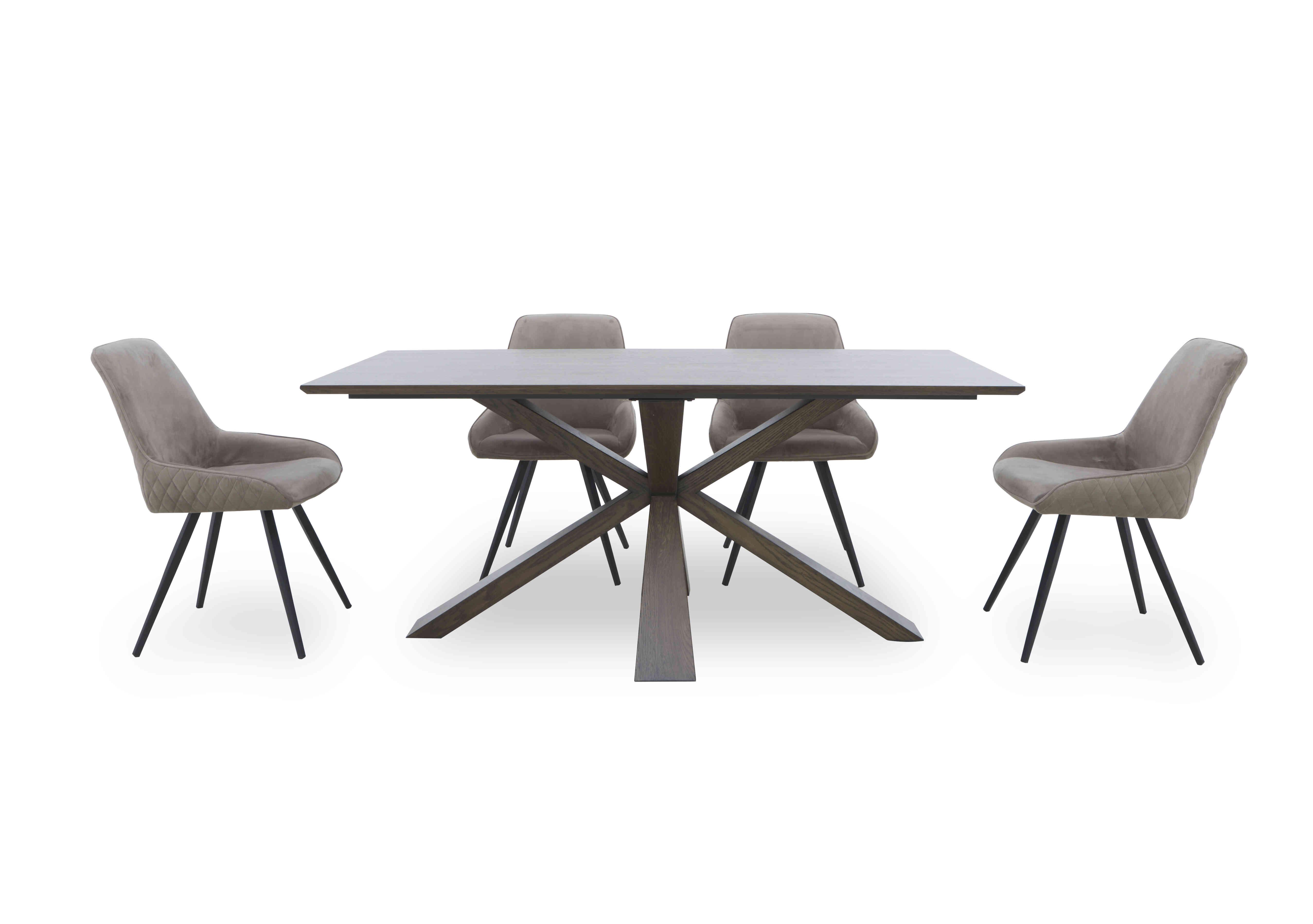 Saigon Fixed Table with Wooden Base and 4 Velvet Dining Chairs in Taupe Velvet on Furniture Village