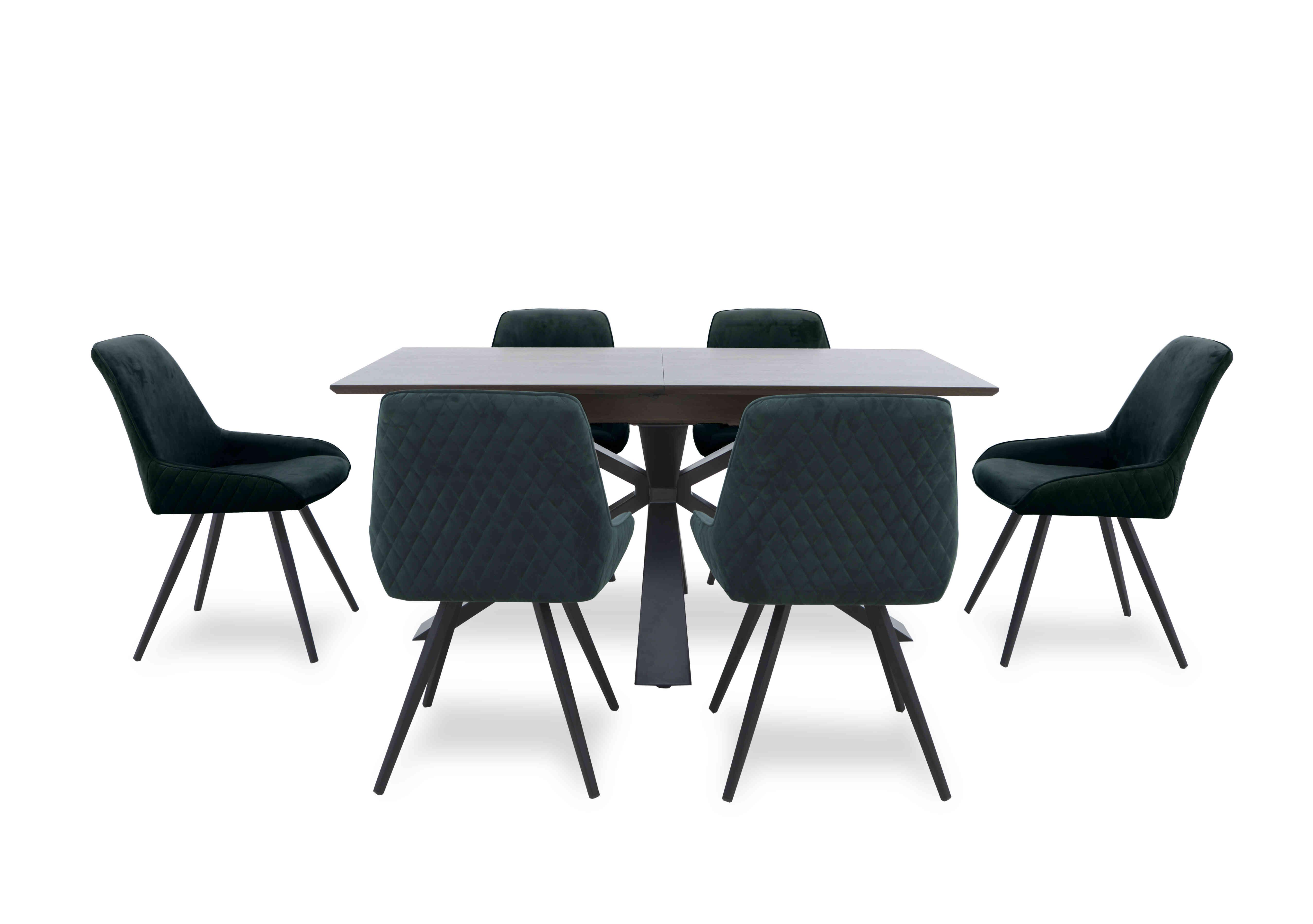 Saigon Extending Table with Metal Base and 6 Velvet Dining Chairs in Forest Green Velvet on Furniture Village