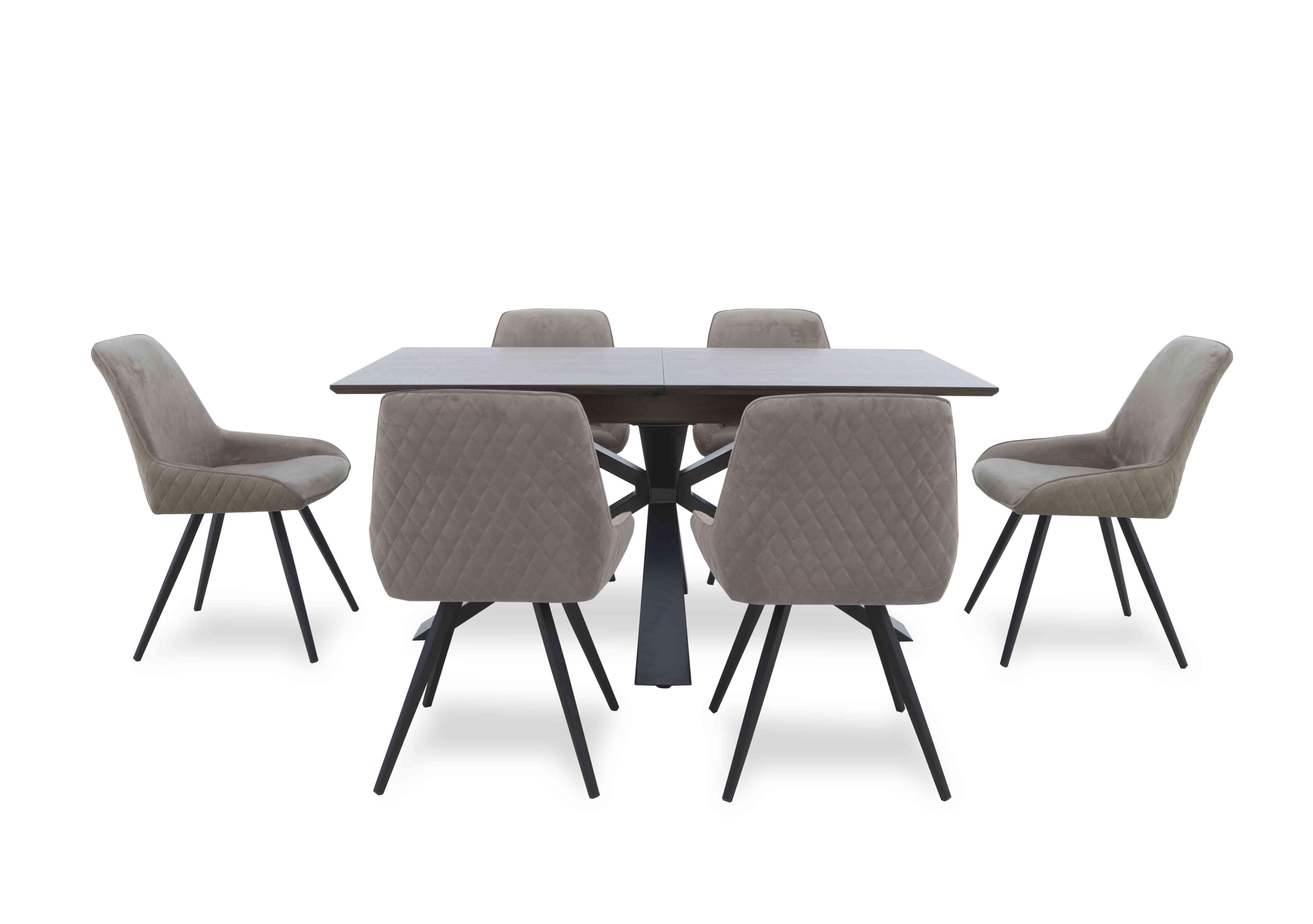 Saigon Extending Table with Metal Base and 6 Velvet Dining Chairs in Taupe Velvet on Furniture Village