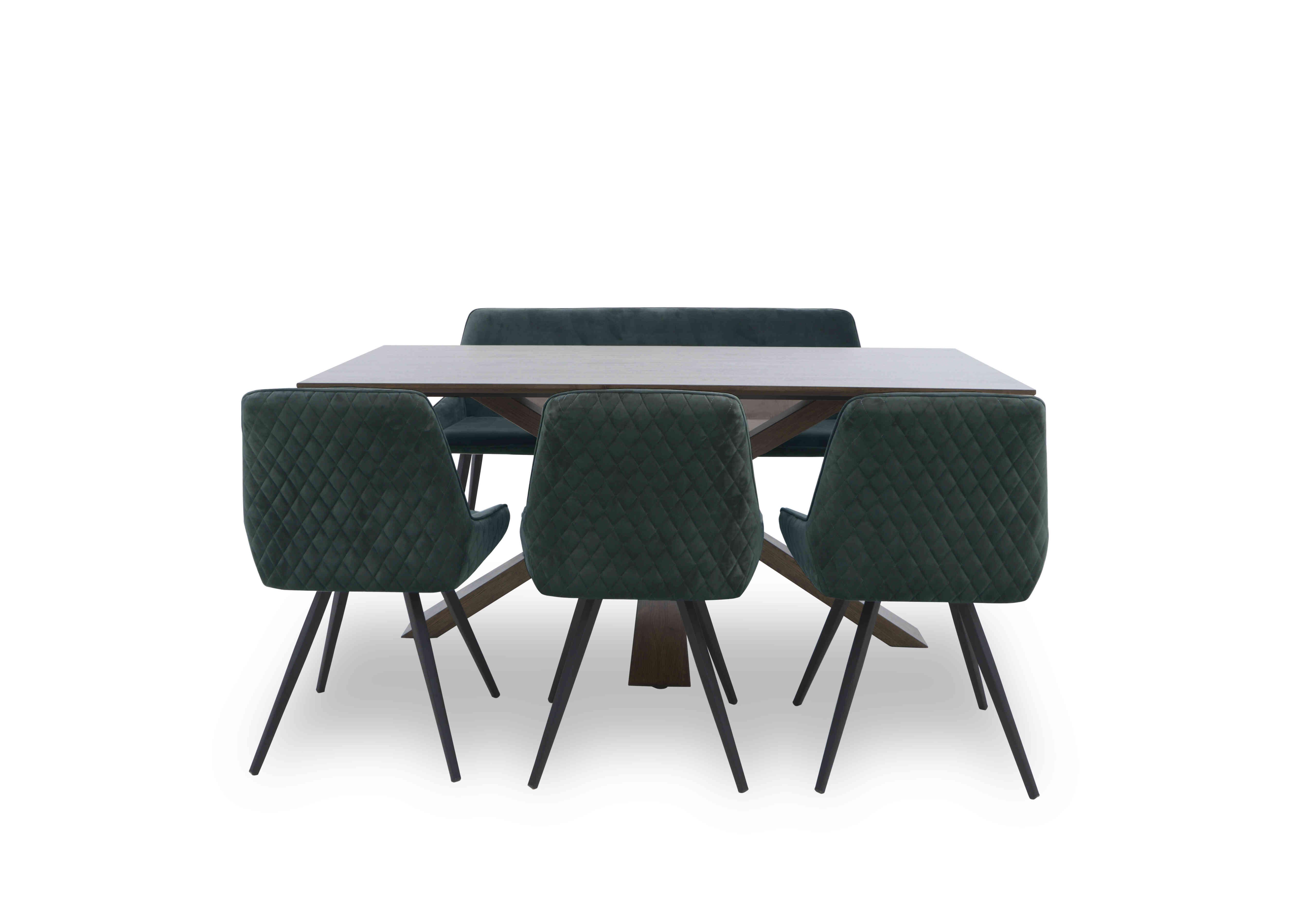 Saigon Fixed Table with Wooden Base and 3 Velvet Dining Chairs and a Dining Bench in Forest Green Velvet on Furniture Village