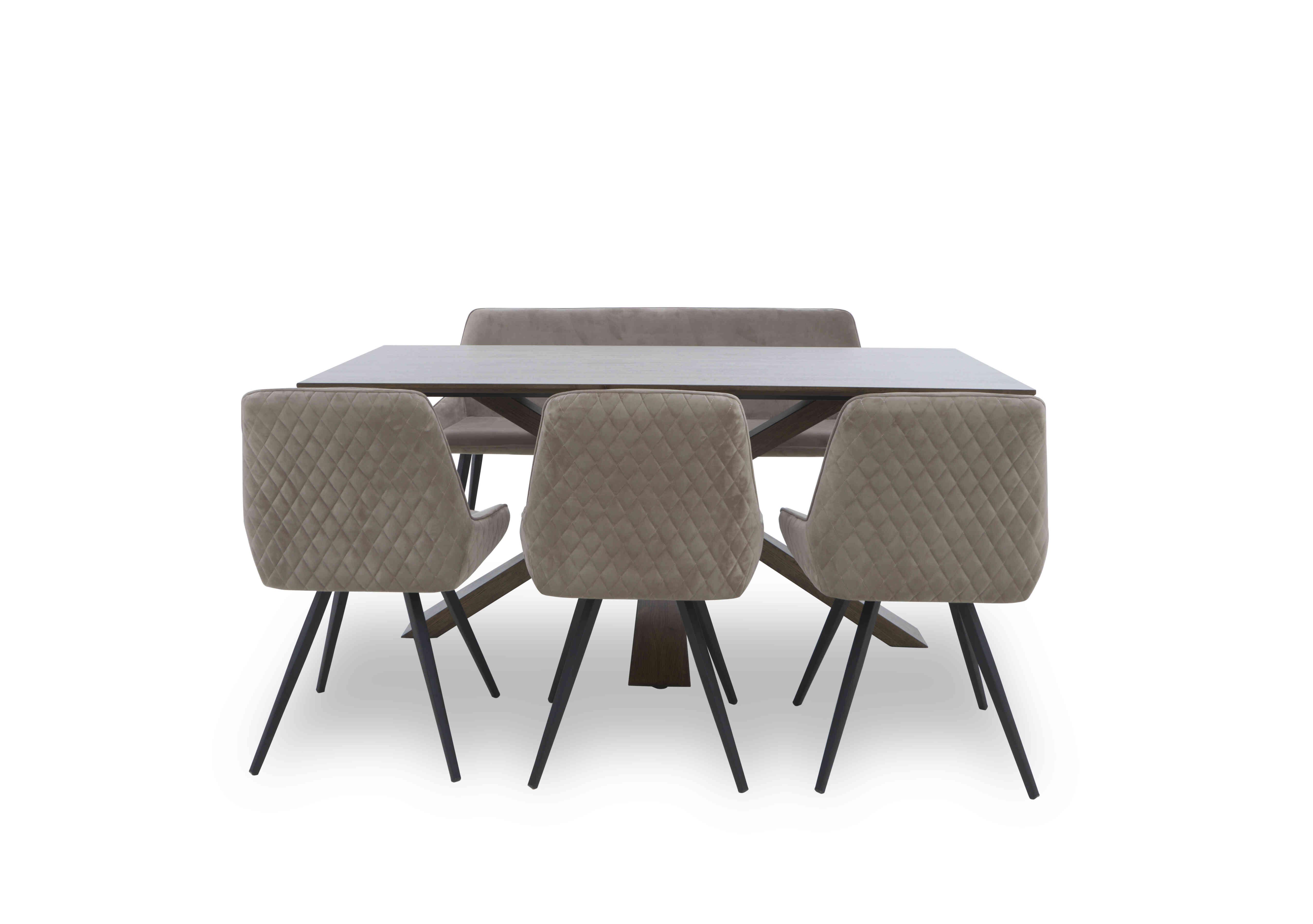 Saigon Fixed Table with Wooden Base and 3 Velvet Dining Chairs and a Dining Bench in Taupe Velvet on Furniture Village