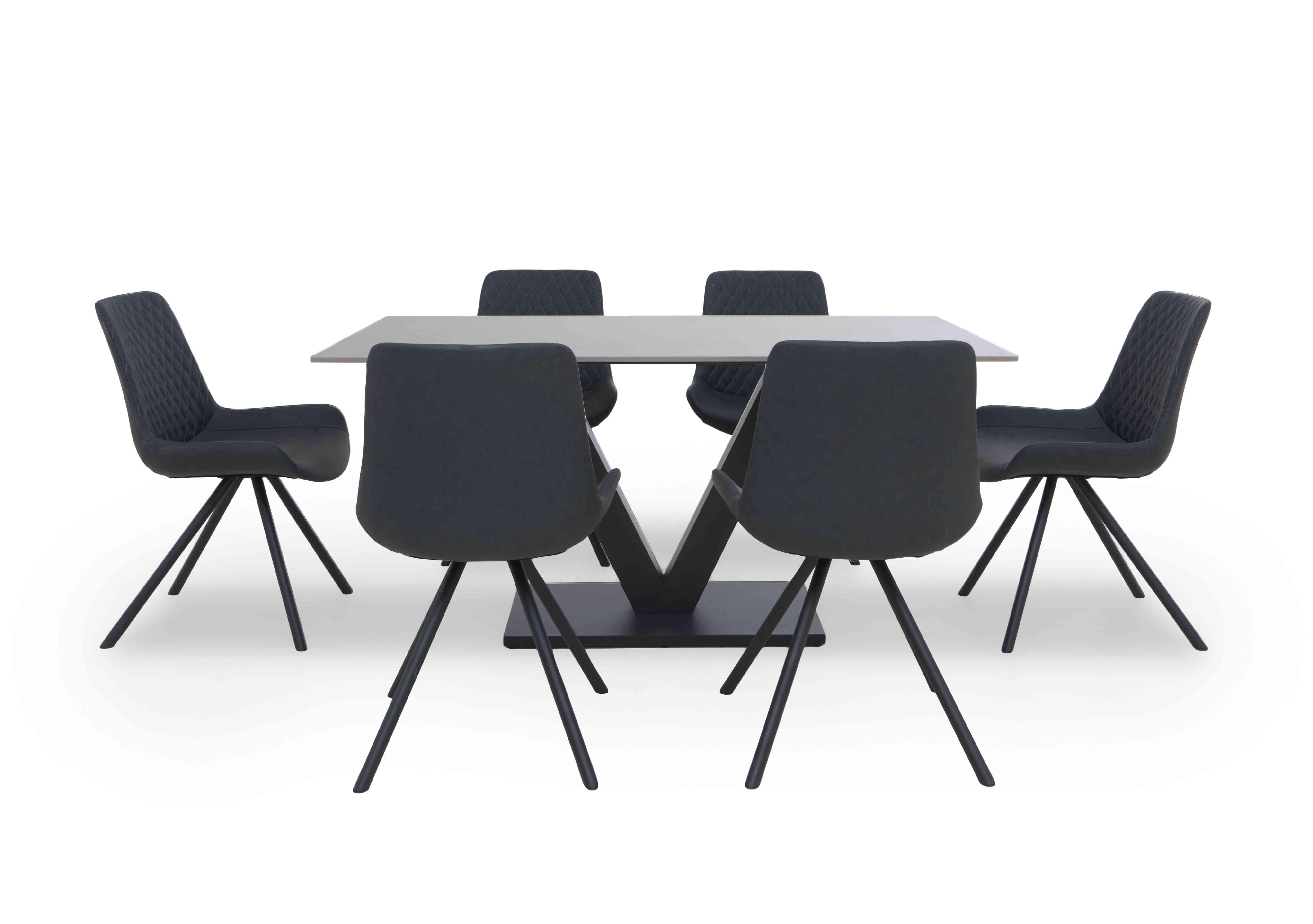 Ion Fixed Dining Table with 6 Faux Leather Chairs in Dark Grey on Furniture Village