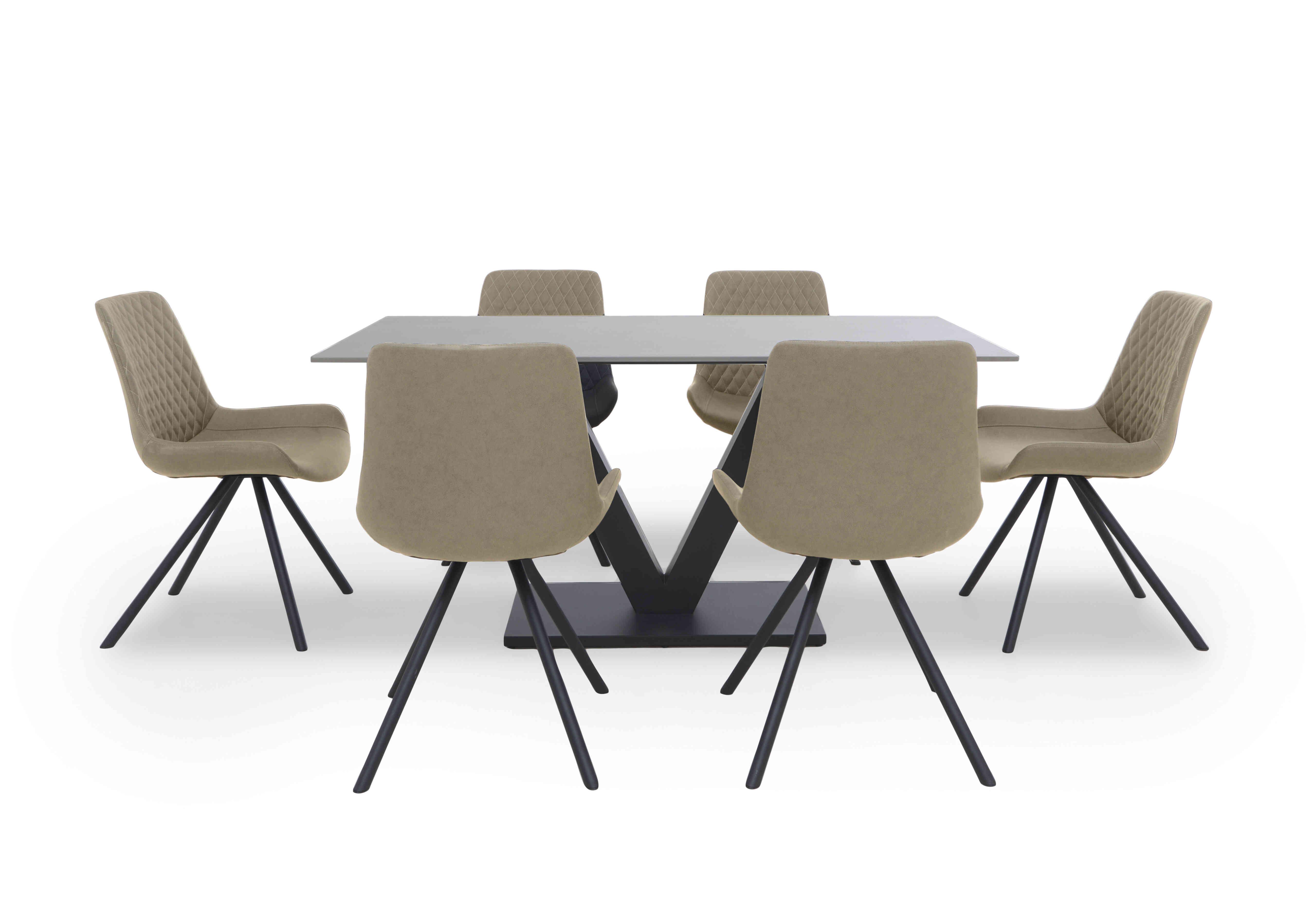 Ion Fixed Dining Table with 6 Faux Leather Chairs in Light Brown on Furniture Village