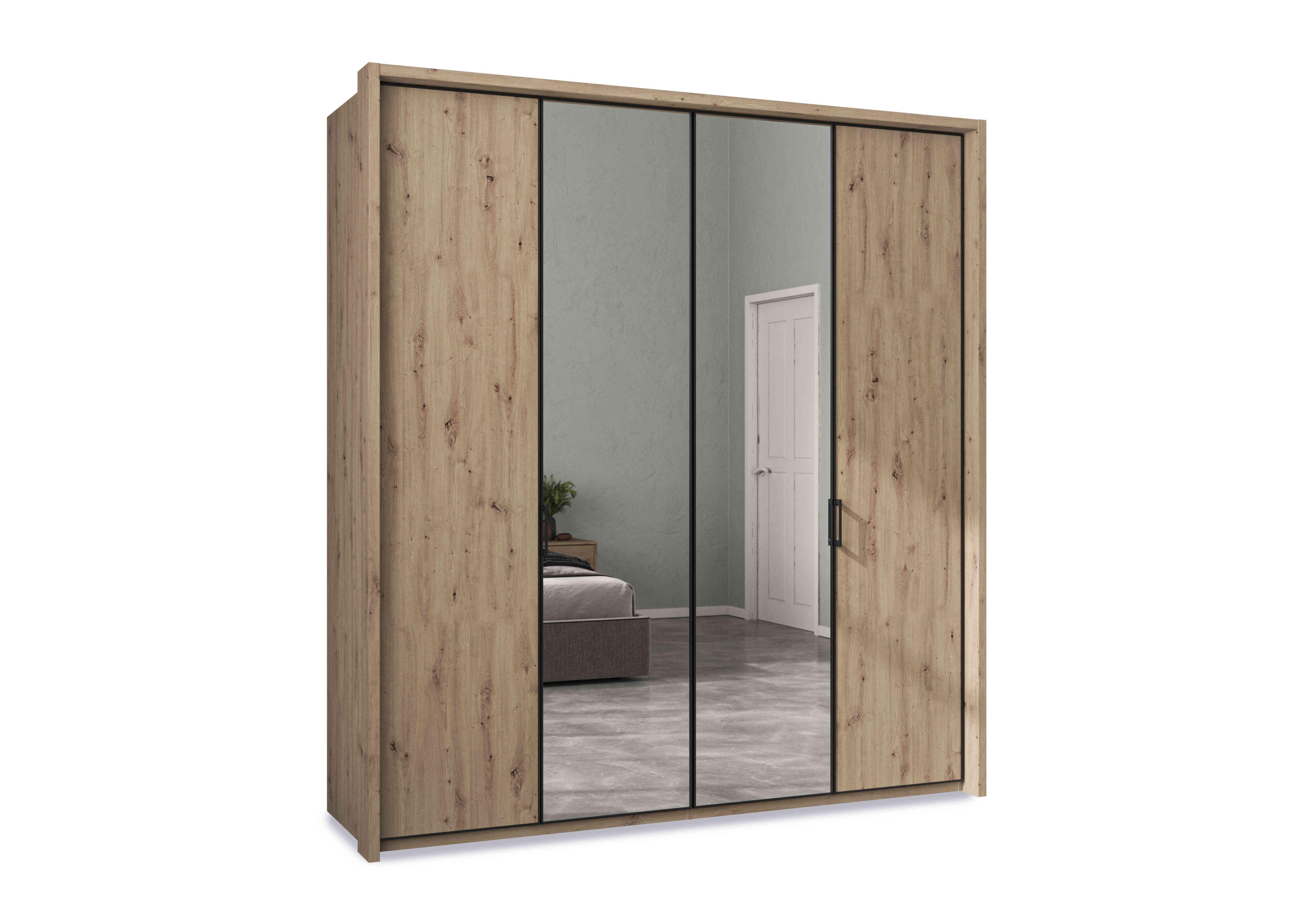 Dallas 207cm 4 Door Hinged Wardrobe with 2 Mirror Doors in Bianco Oak on Furniture Village