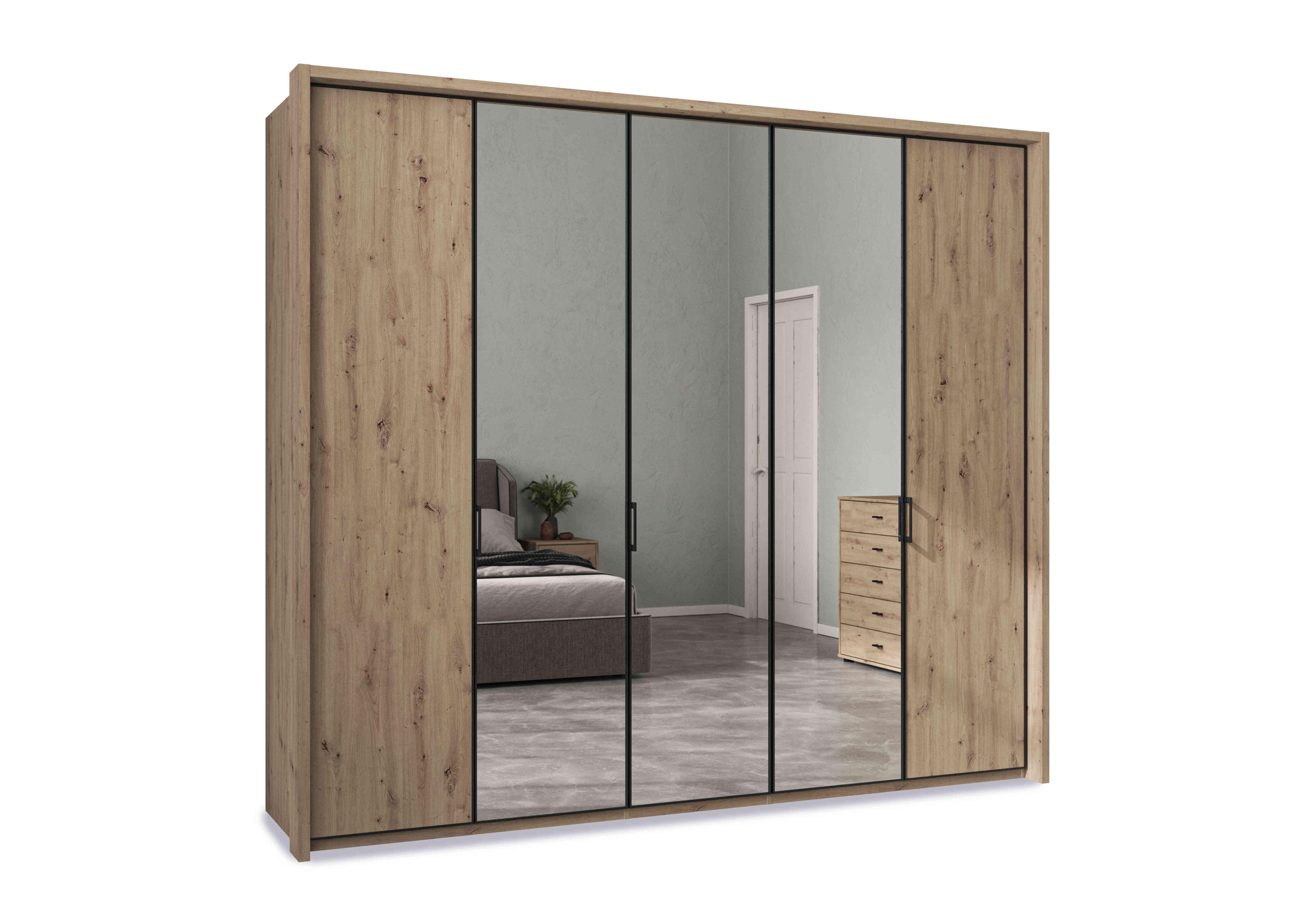 Dallas 257cm 5 Door Hinged Wardrobe with 3 Mirrors Doors in Bianco Oak on Furniture Village