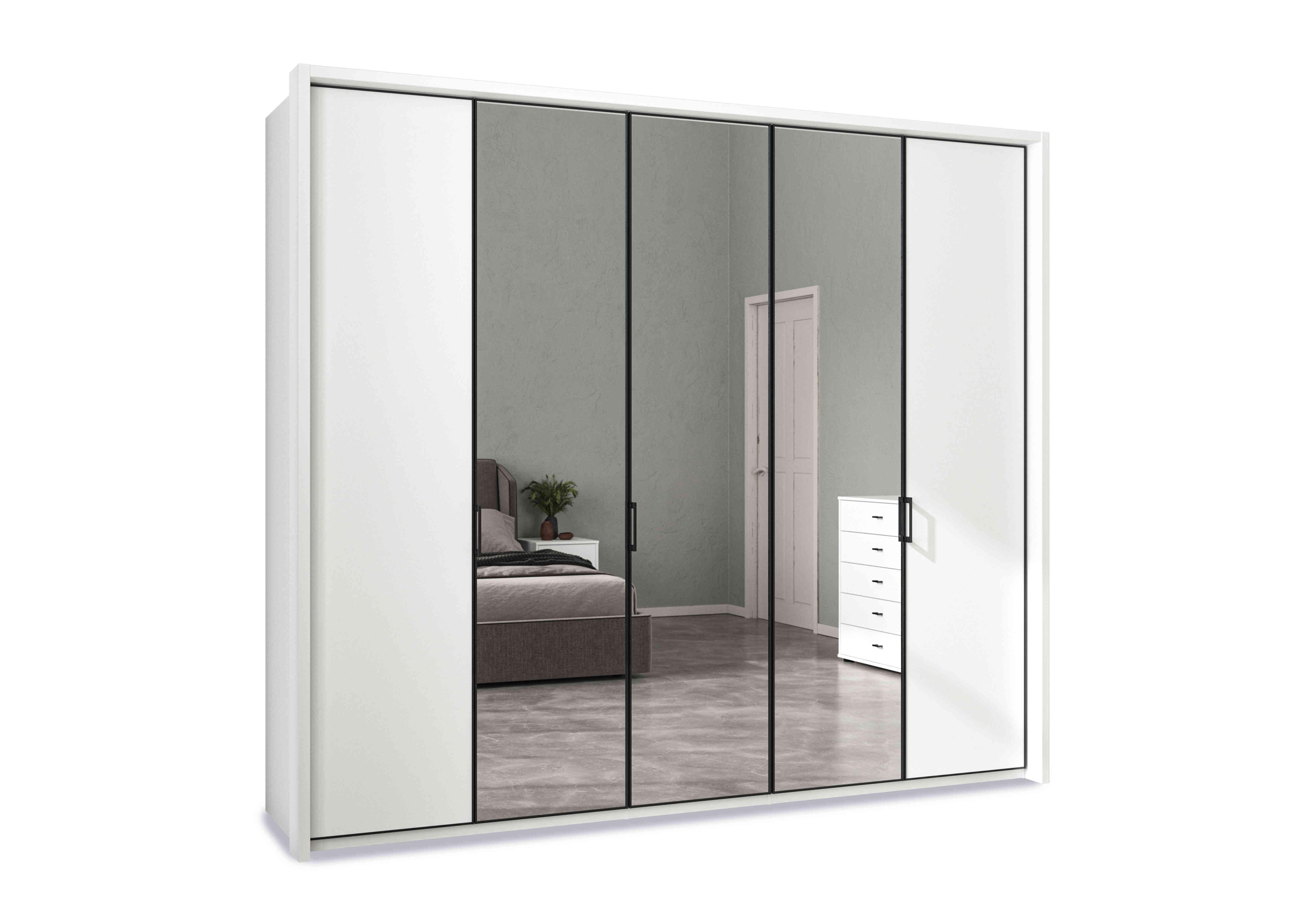 Dallas 257cm 5 Door Hinged Wardrobe with 3 Mirrors Doors in Matt White on Furniture Village