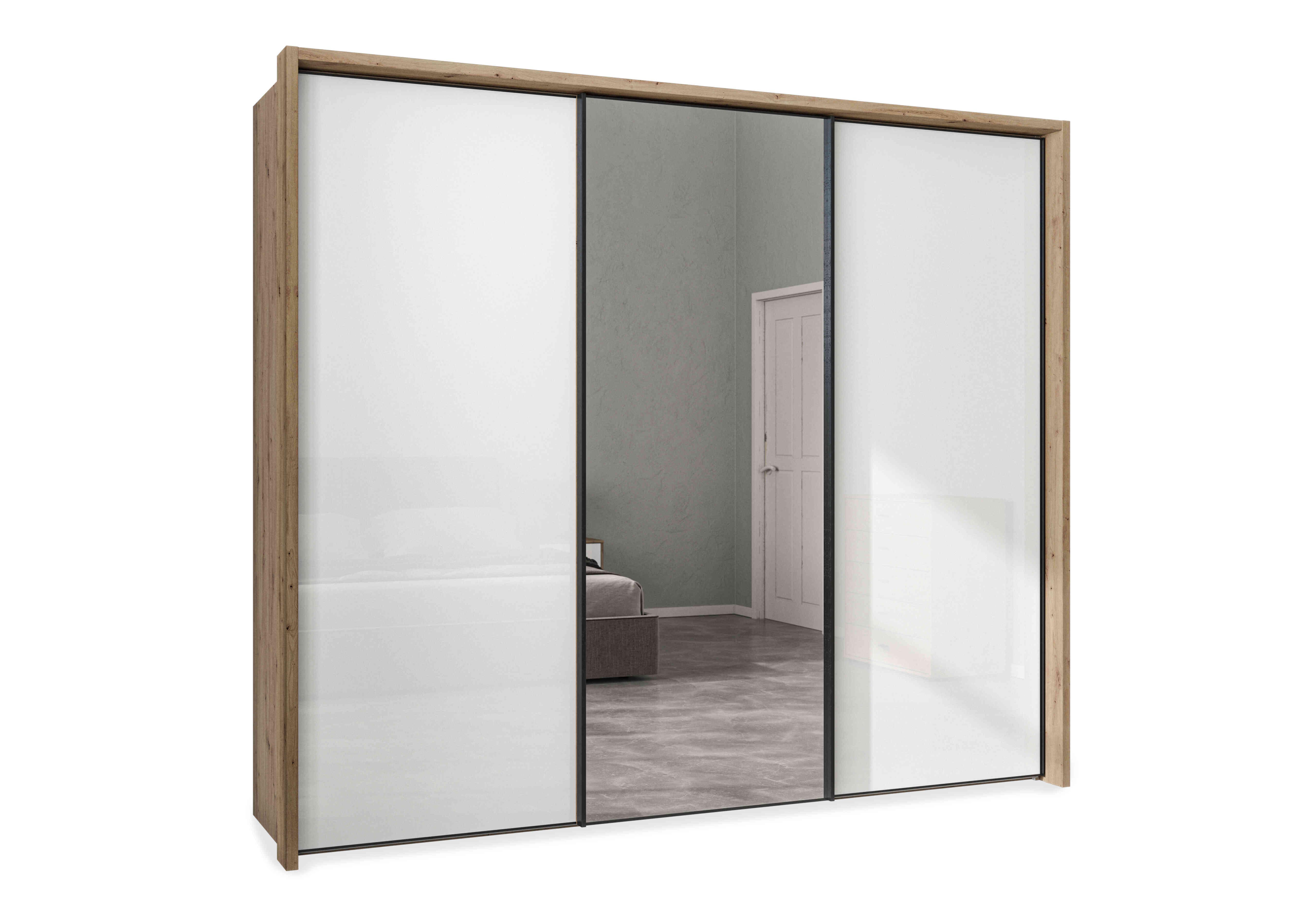 Dallas 260cm 3 Door Sliding Glass Wardrobe with Centre Mirror Door in Bianco Oak And White on Furniture Village