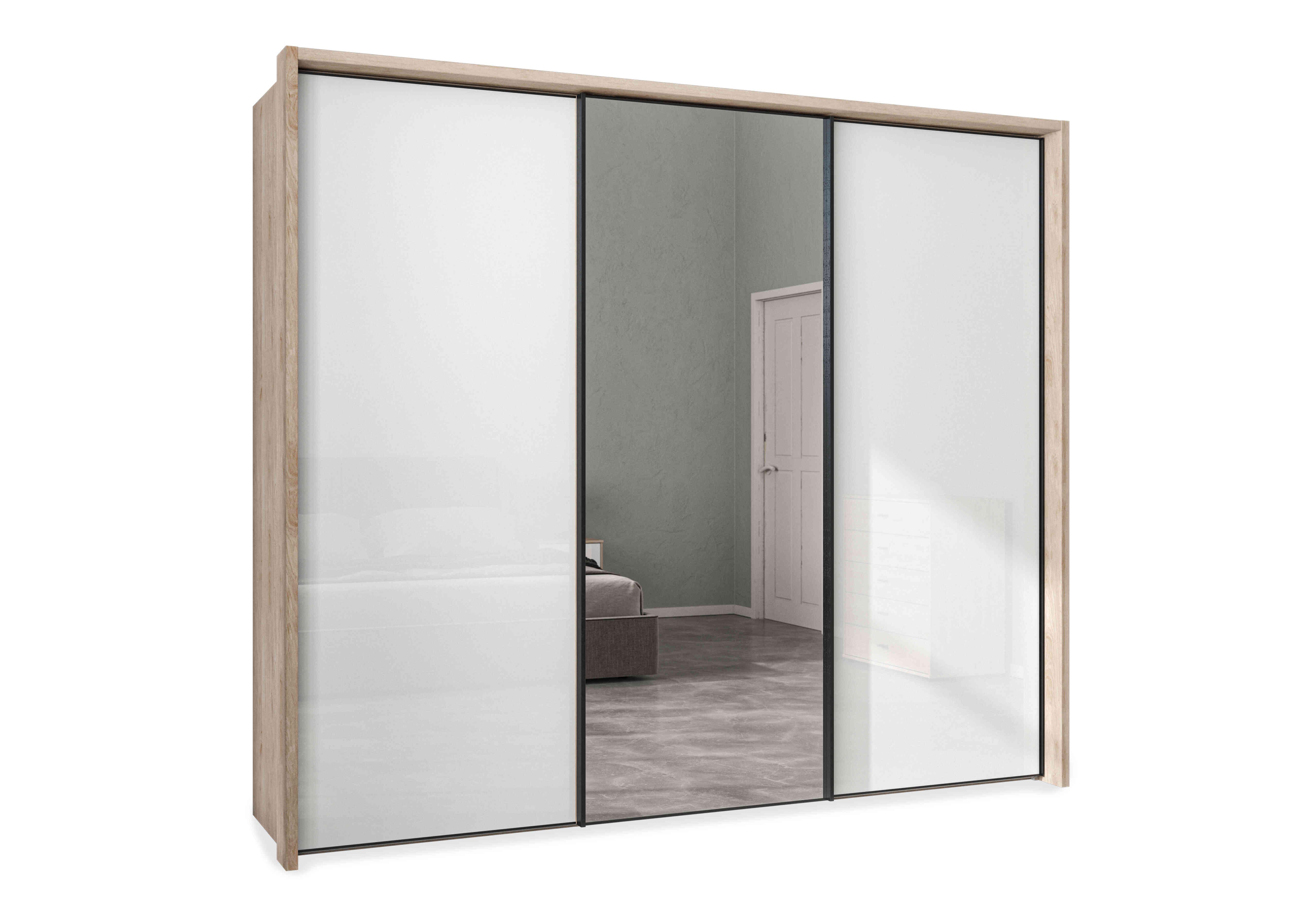 Dallas 260cm 3 Door Sliding Glass Wardrobe with Centre Mirror Door in Holm Oak And White on Furniture Village