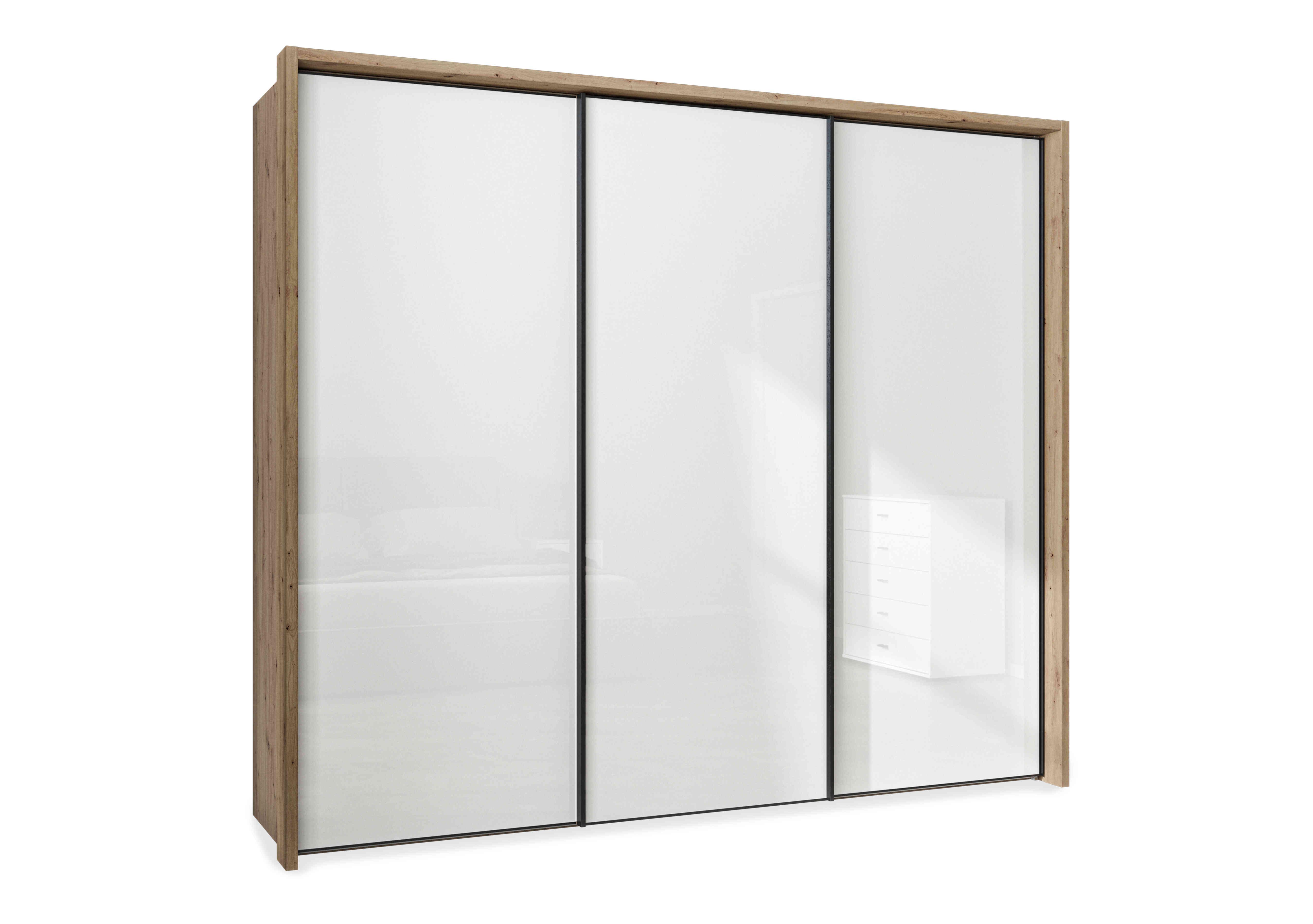 Dallas 260cm 3 Door Sliding Glass Wardrobe in Bianco Oak And White on Furniture Village