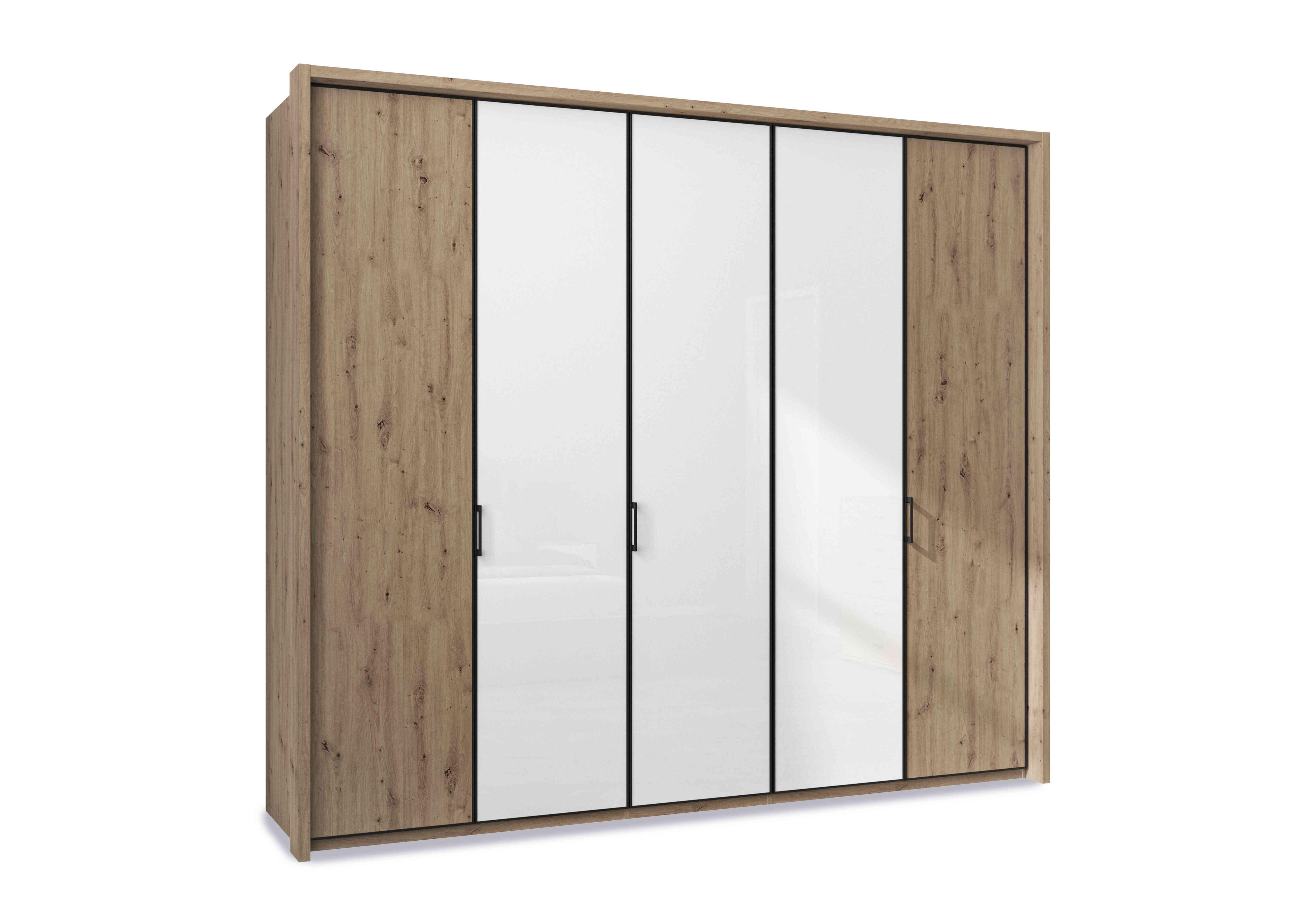 Dallas 257cm 5 Door Hinged Wardrobe with 3 Glass Doors in Bianco Oak And White on Furniture Village