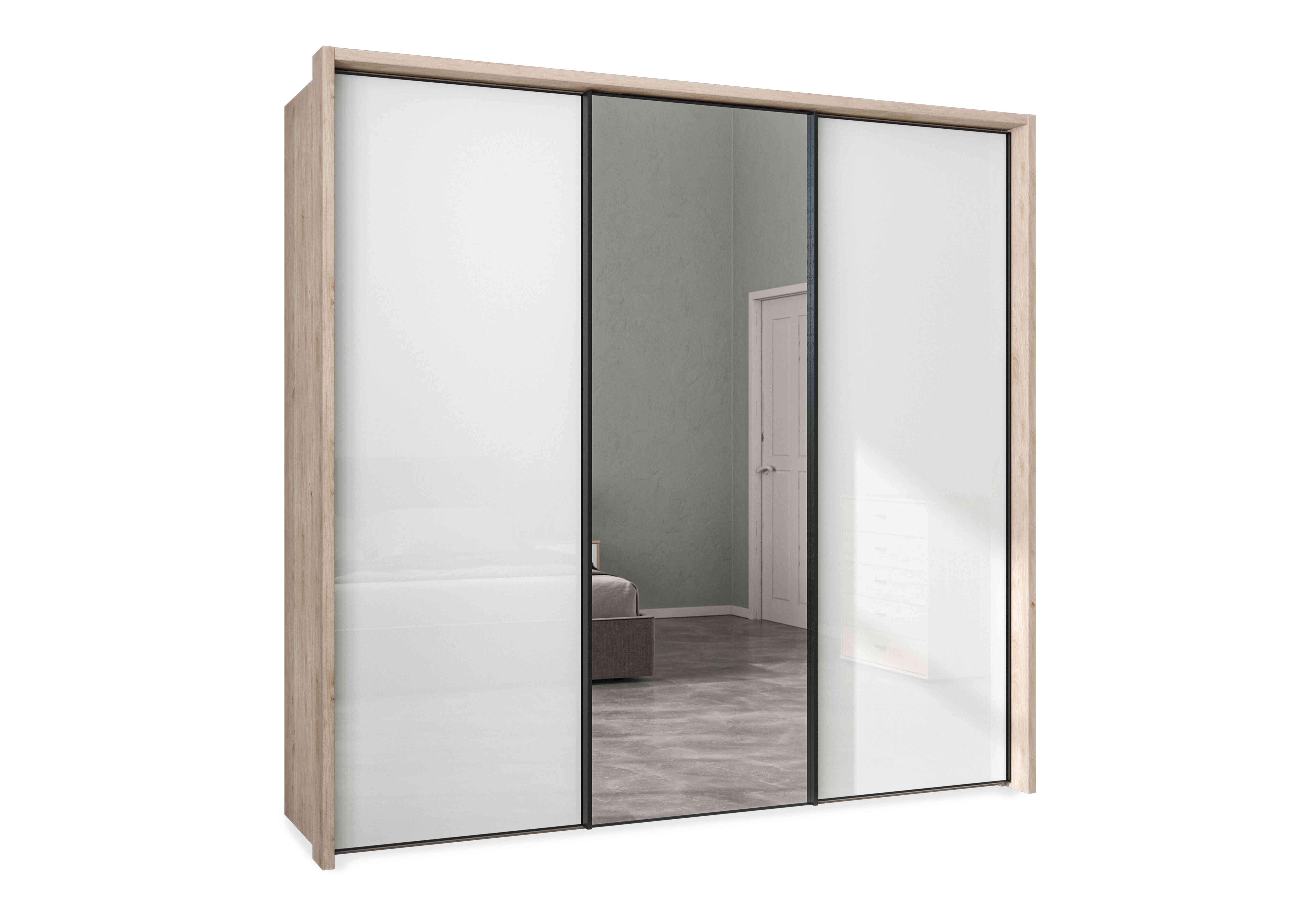 Dallas 235cm 3 Door Sliding Glass Wardrobe with Centre Mirror Door in Holm Oak And White on Furniture Village