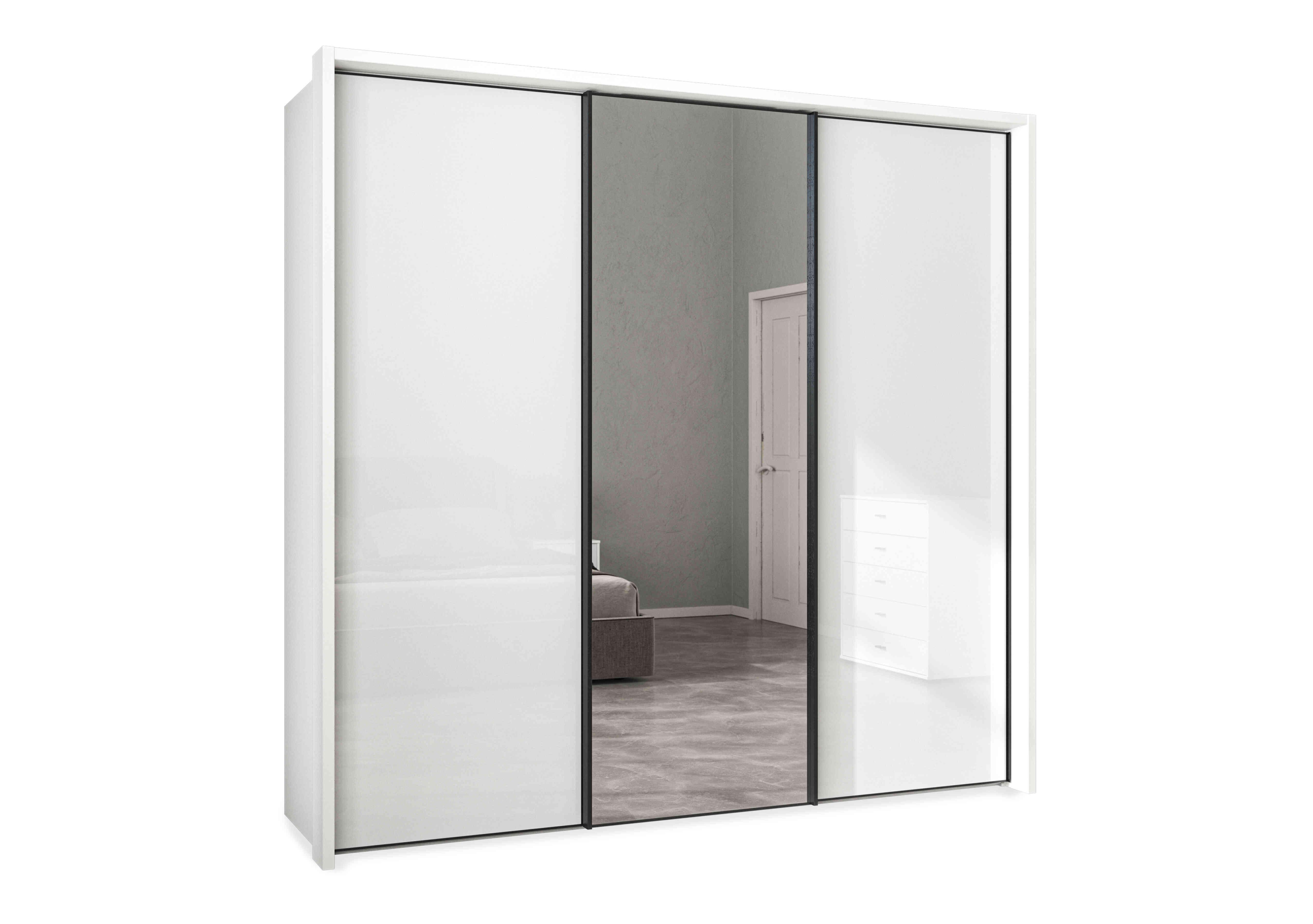 Dallas 235cm 3 Door Sliding Glass Wardrobe with Centre Mirror Door in Matt White on Furniture Village