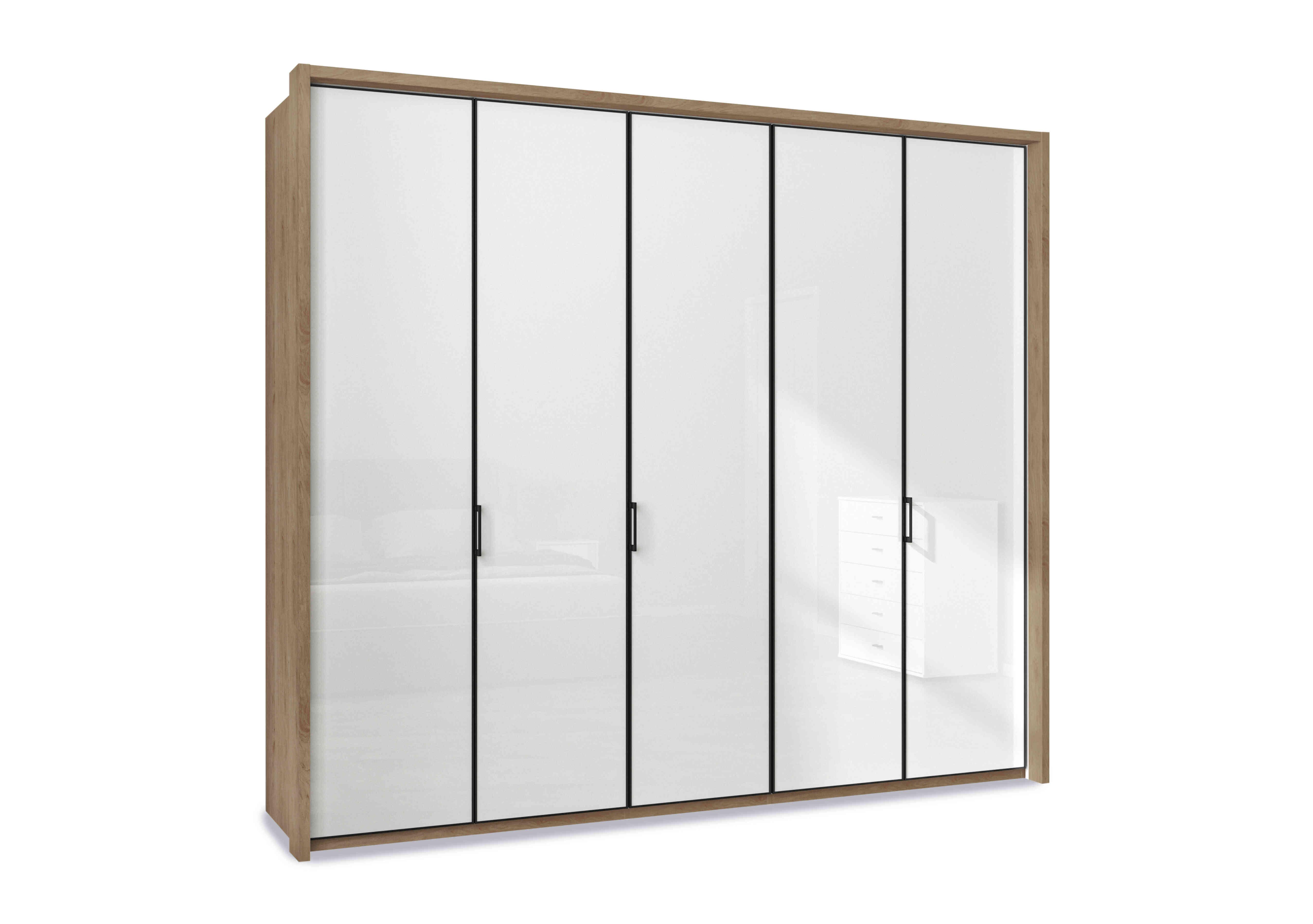 Dallas 257cm 5 Door Hinged Glass Wardrobe in Bianco Oak And White on Furniture Village