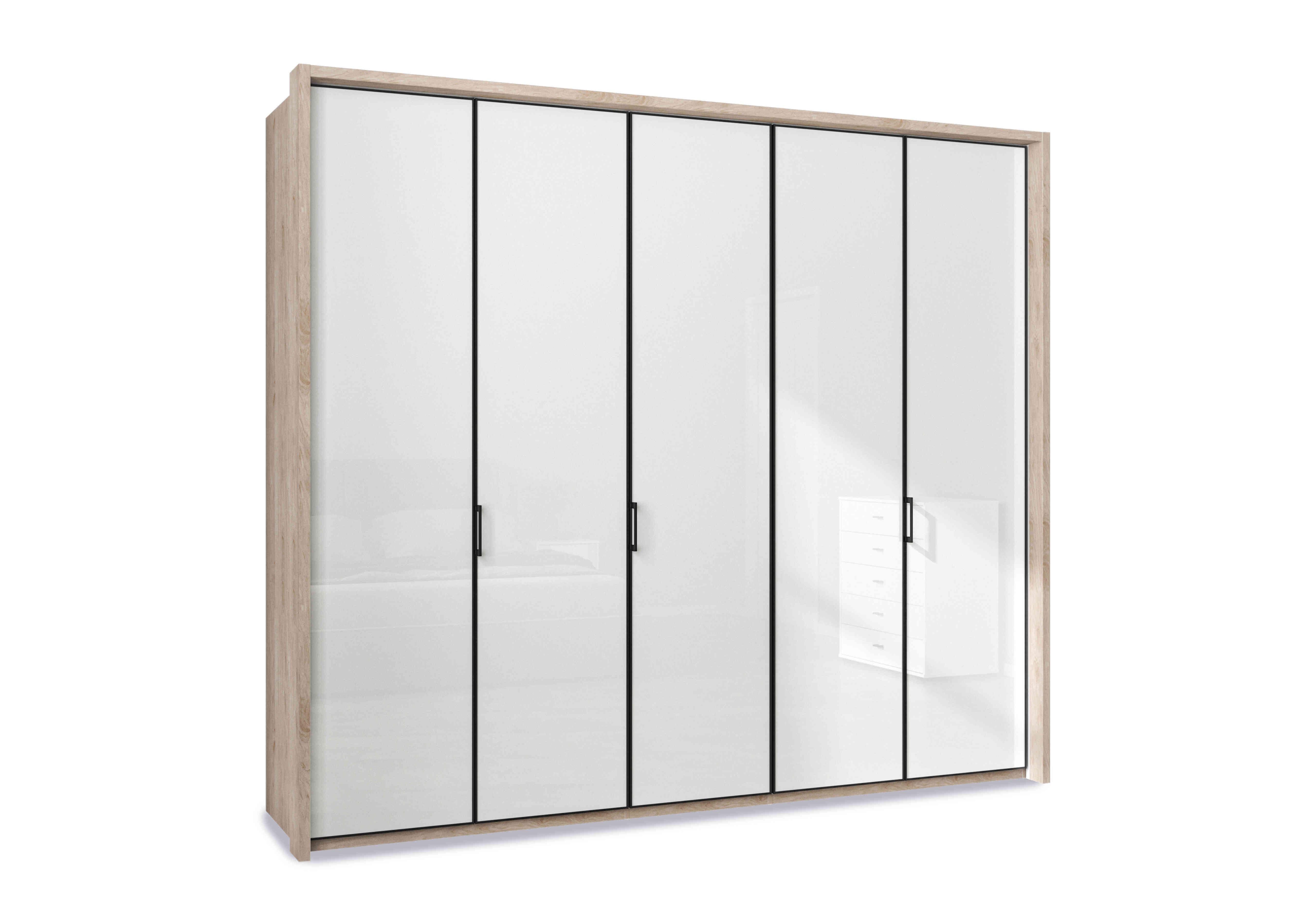 Dallas 257cm 5 Door Hinged Glass Wardrobe in Holm Oak And White on Furniture Village