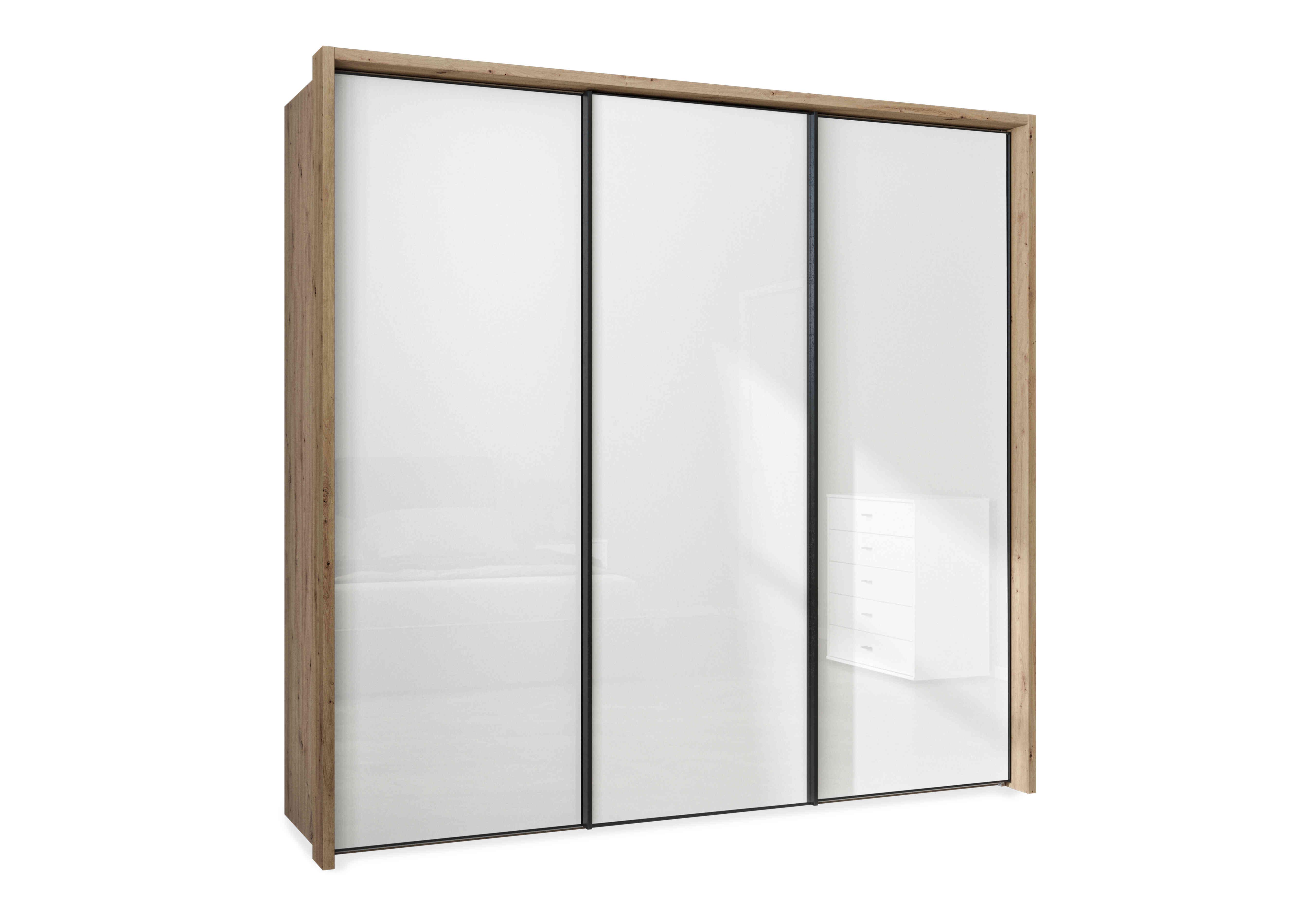 Dallas 235cm 3 Door Sliding Glass Wardrobe in Bianco Oak And White on Furniture Village