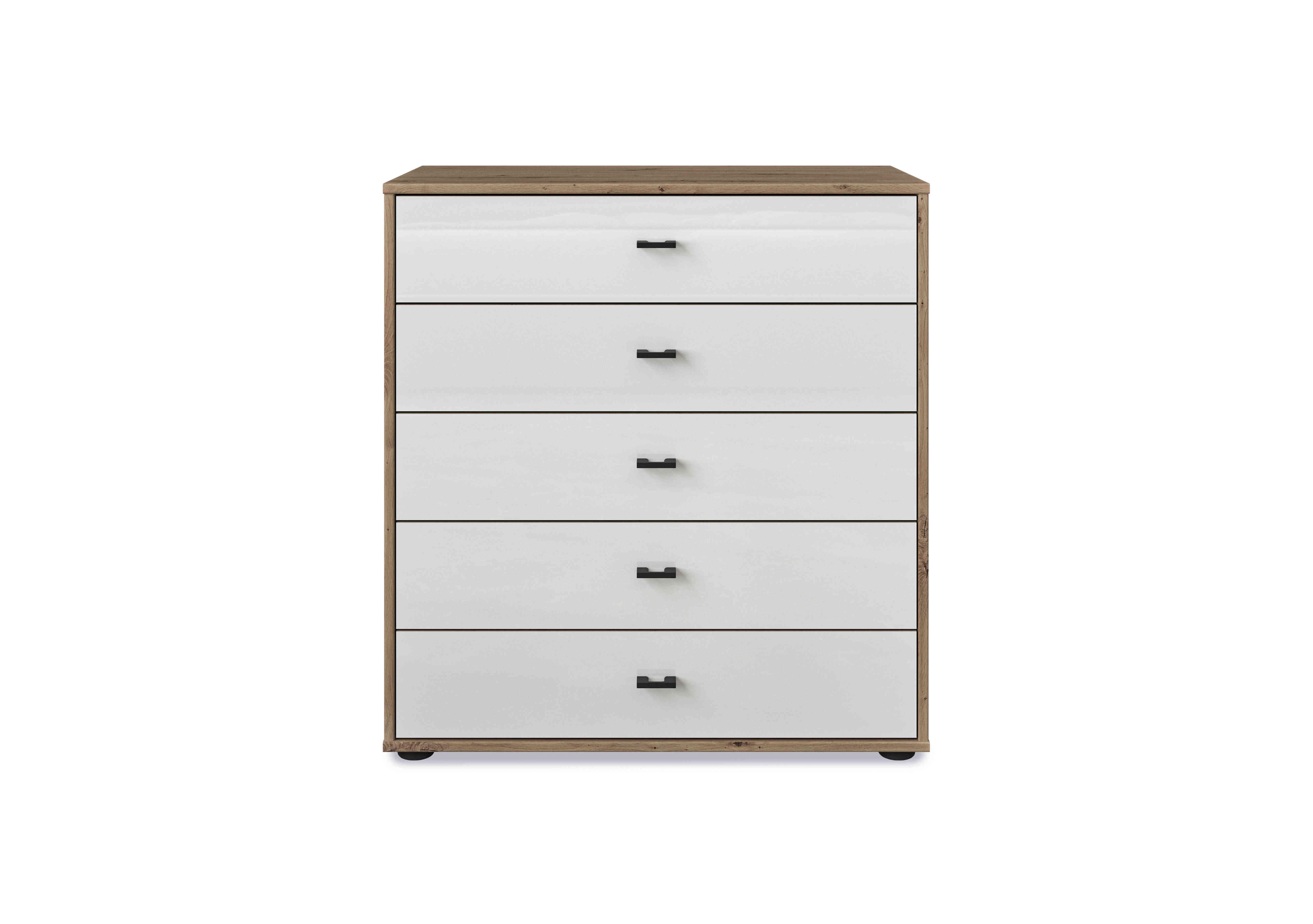 Dallas 80cm 5 Drawer Glass Chest in Bianco Oak And White on Furniture Village