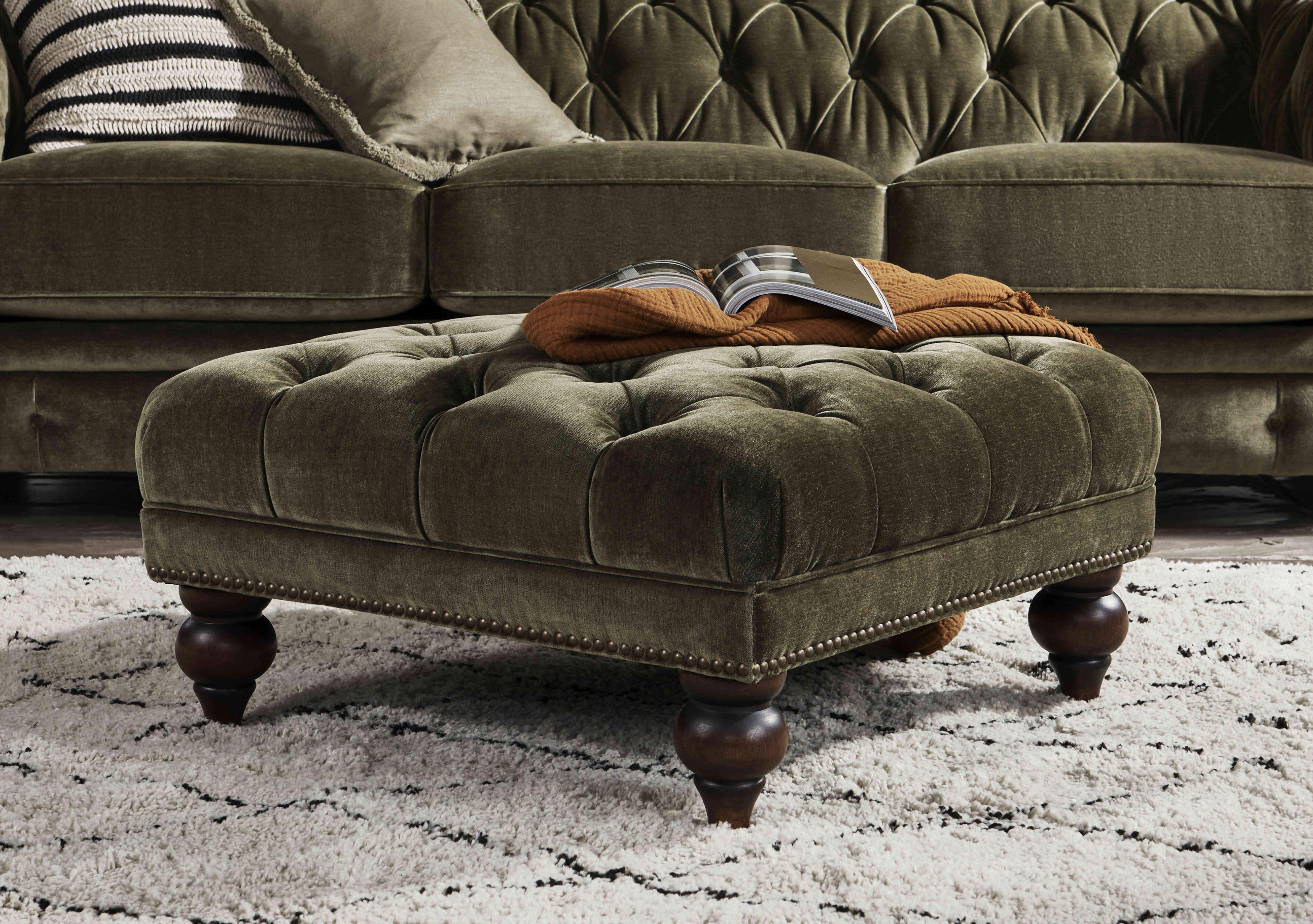 Shackleton Fabric Square Footstool with Turned Feet in  on Furniture Village