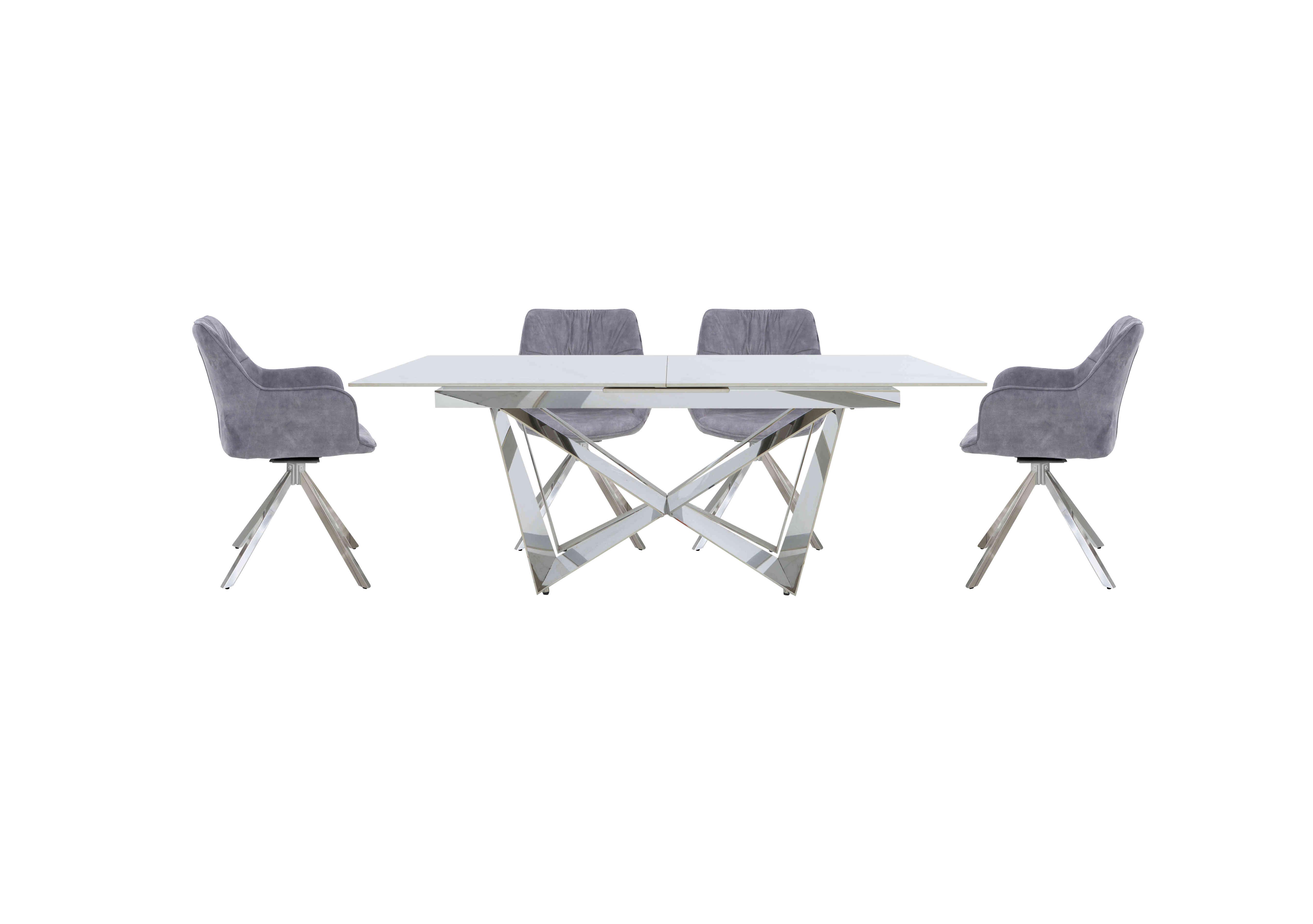 Marvel Chrome Large Extending Dining Table and 4 Swivel Dining Chairs in Silver Velvet on Furniture Village