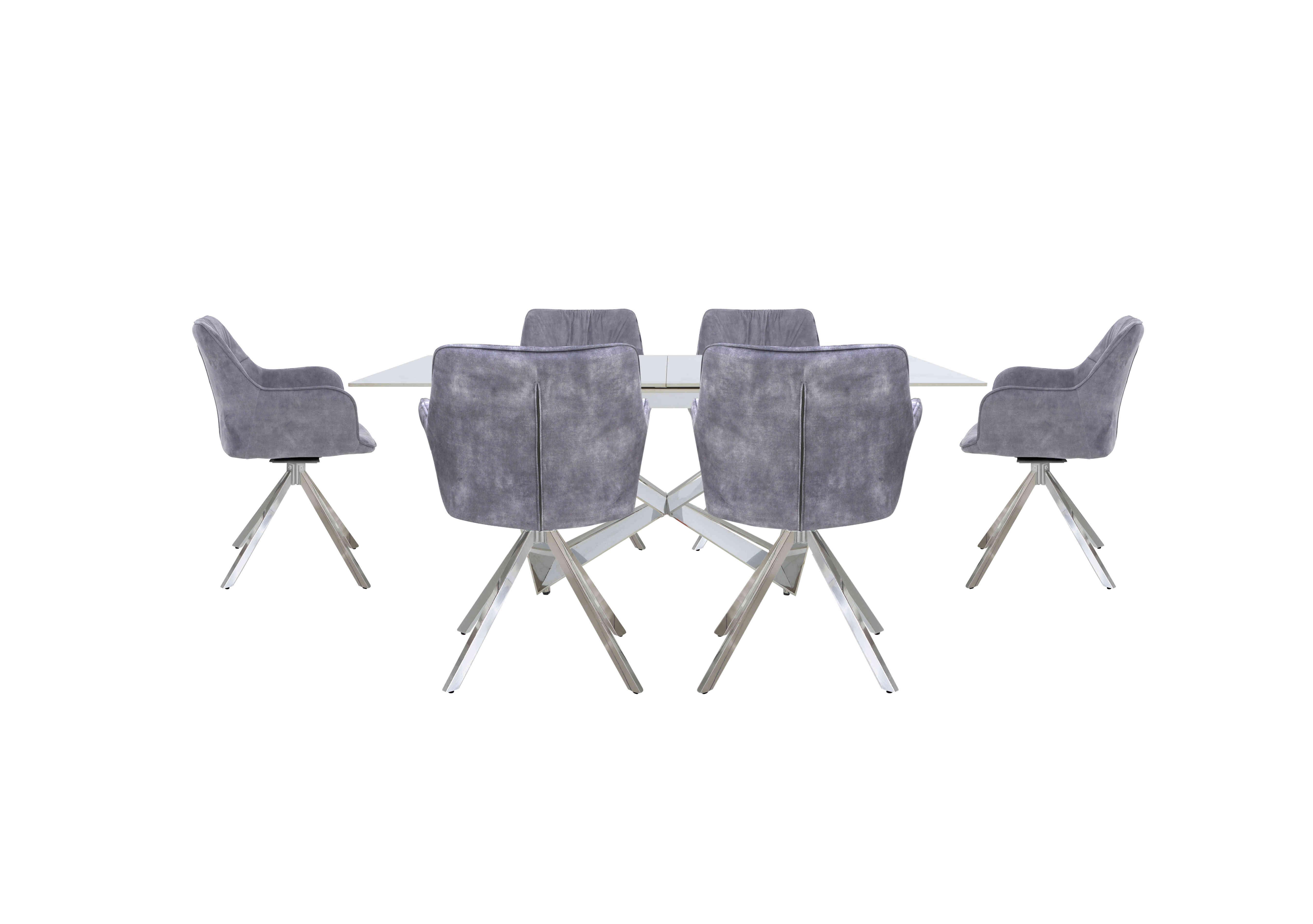 Marvel Chrome Large Extending Dining Table and 6 Swivel Dining Chairs in Silver Velvet on Furniture Village