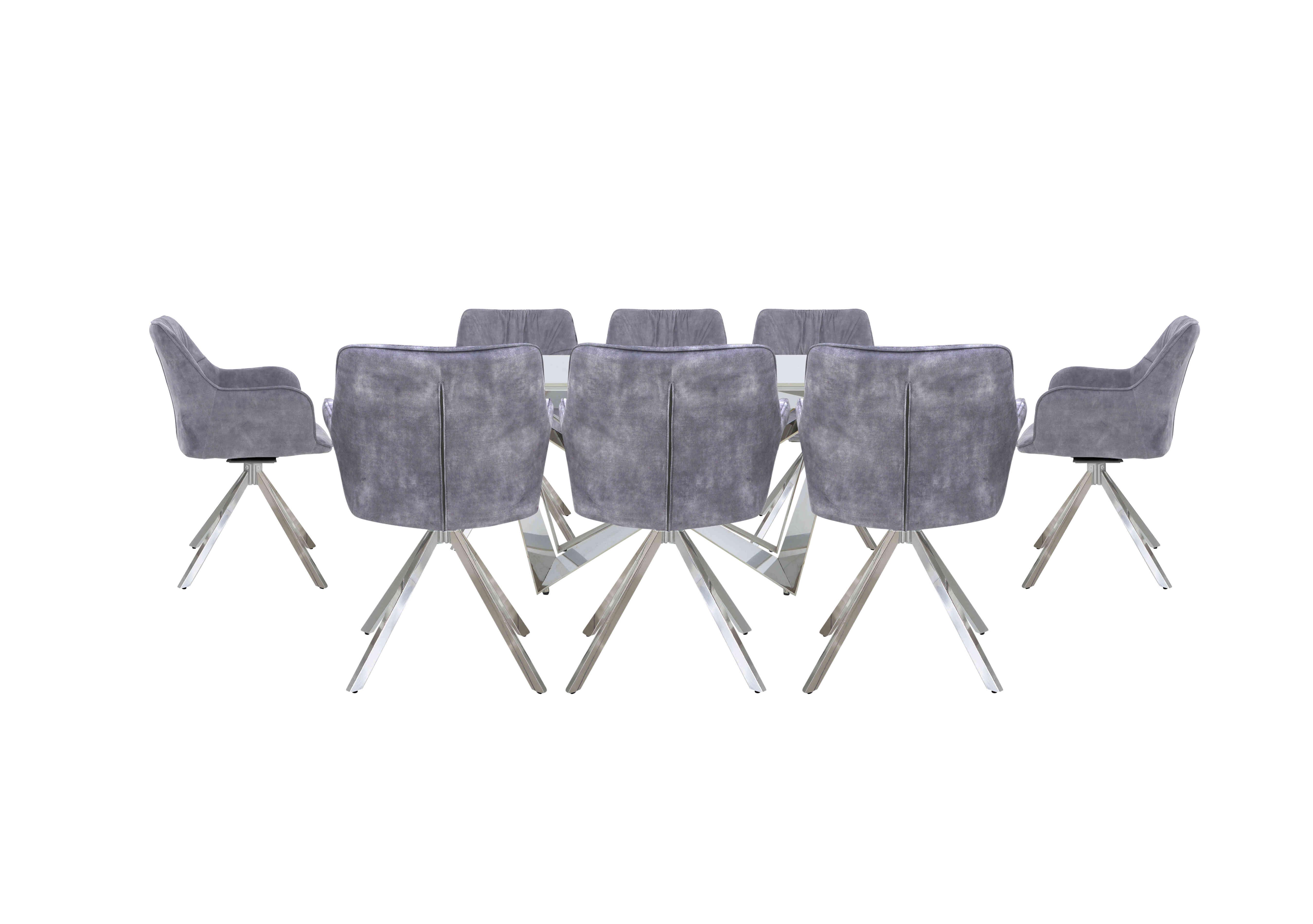 Marvel Chrome Large Extending Dining Table and 8 Swivel Dining Chairs in Silver Velvet on Furniture Village