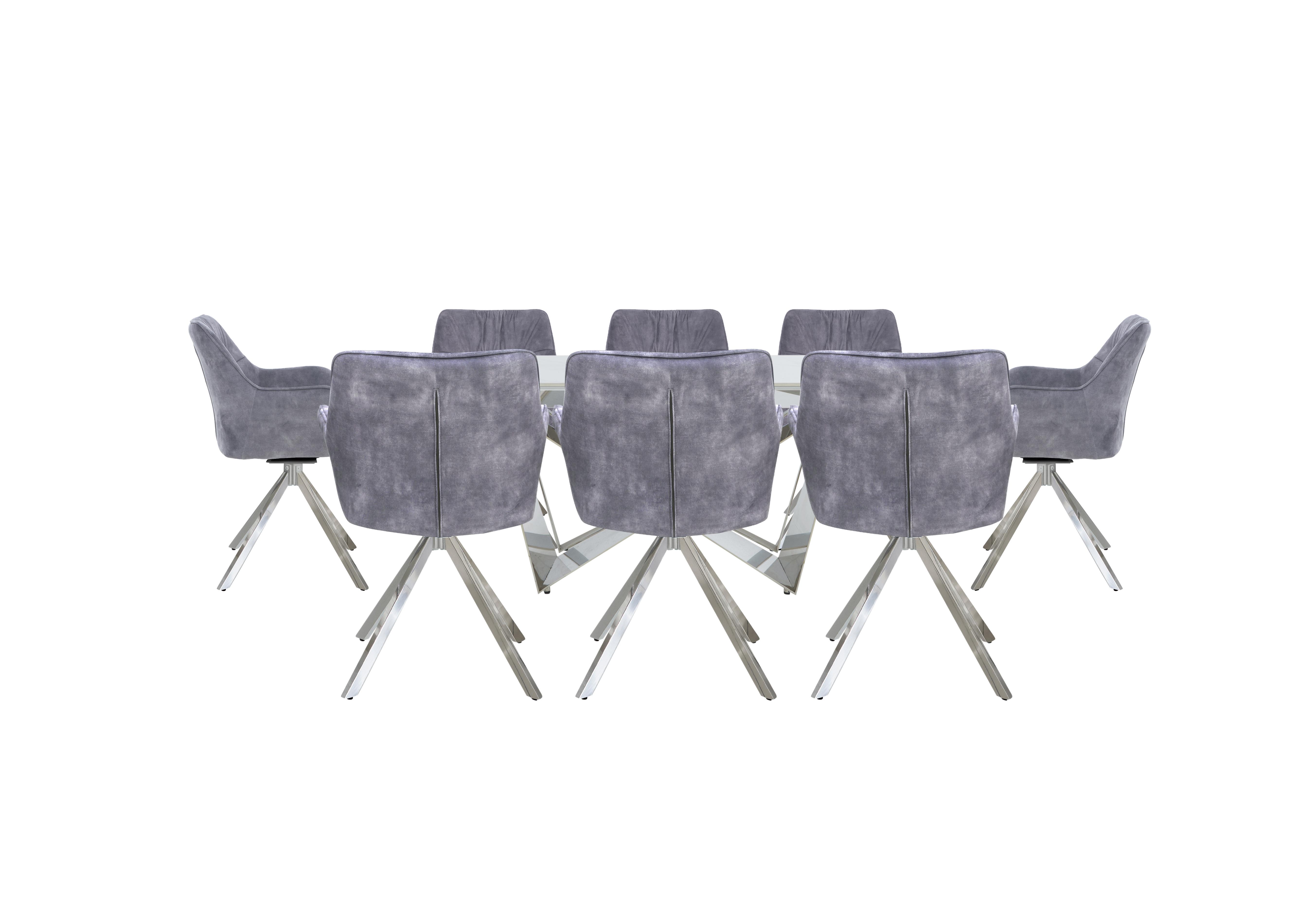 Marvel Chrome Small Extending Dining Table and 8 Swivel Dining Chairs in Silver Velvet on Furniture Village