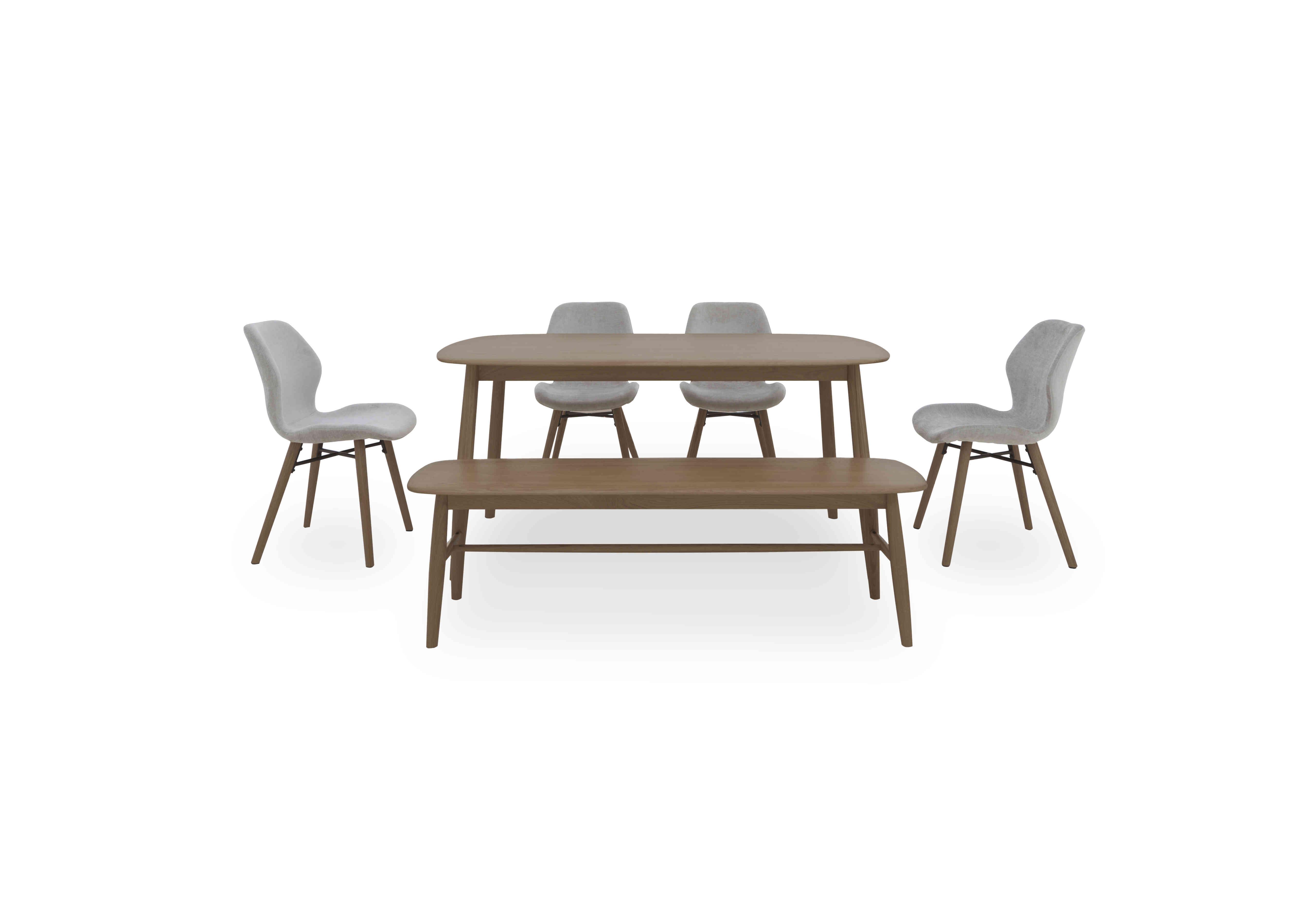 Stockholm Fixed Dining Table with 4 Upholstered Dining Chairs and a Dining Bench in Dark Oak on Furniture Village