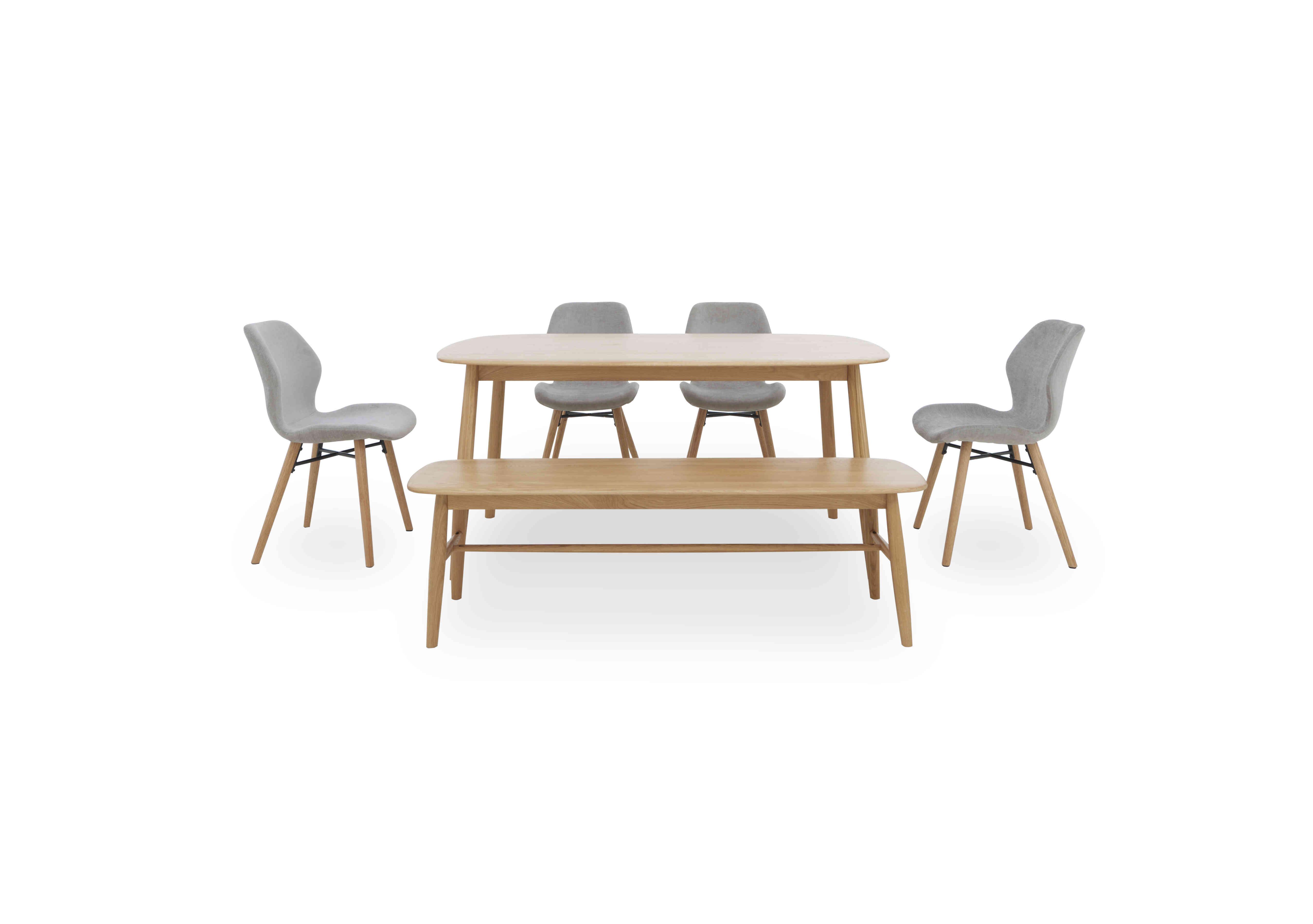 Stockholm Fixed Dining Table with 4 Upholstered Dining Chairs and a Dining Bench in Light Oak on Furniture Village