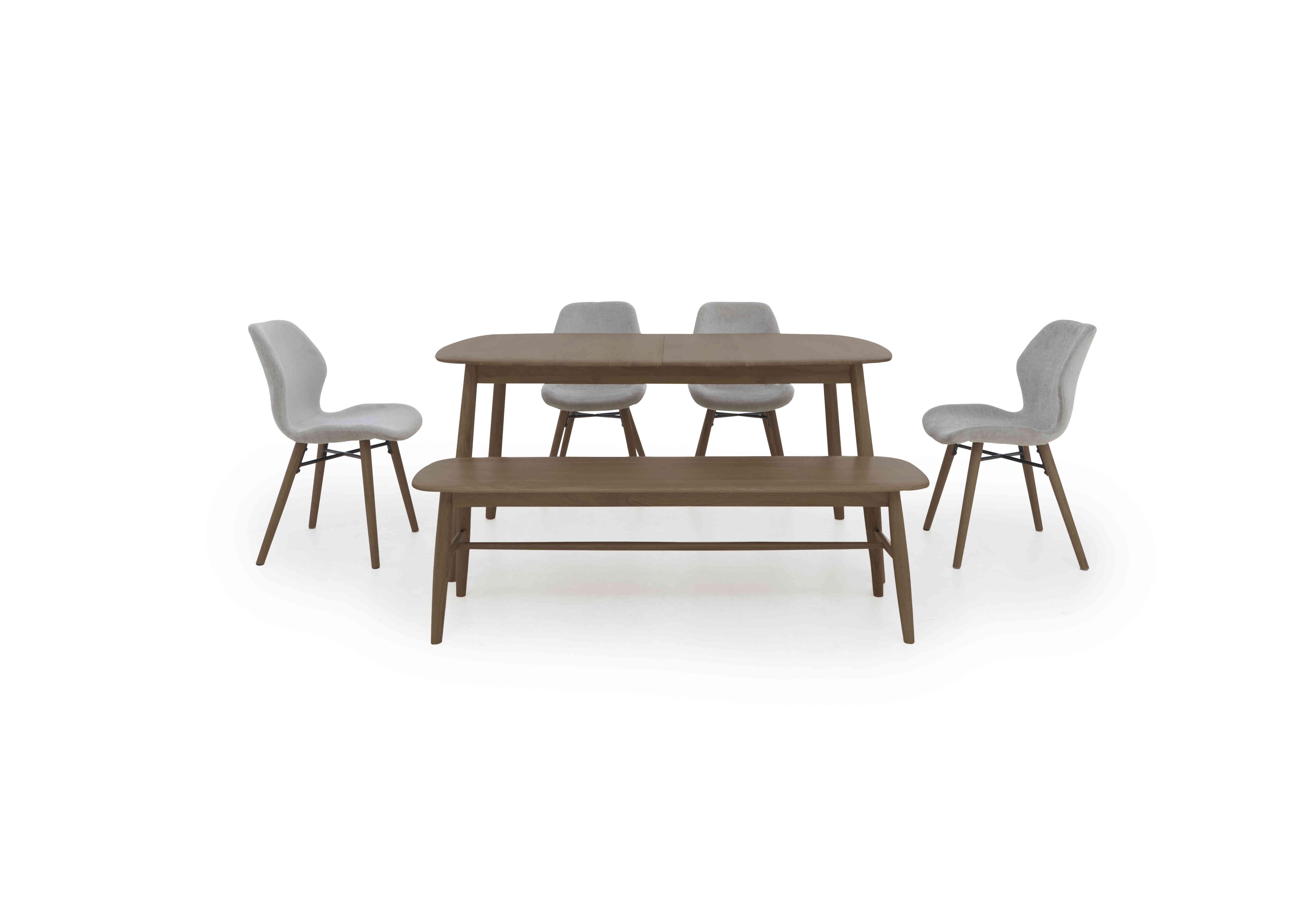 Stockholm Extending Dining Table with 4 Upholstered Dining Chairs and a Dining Bench in Dark Oak on Furniture Village