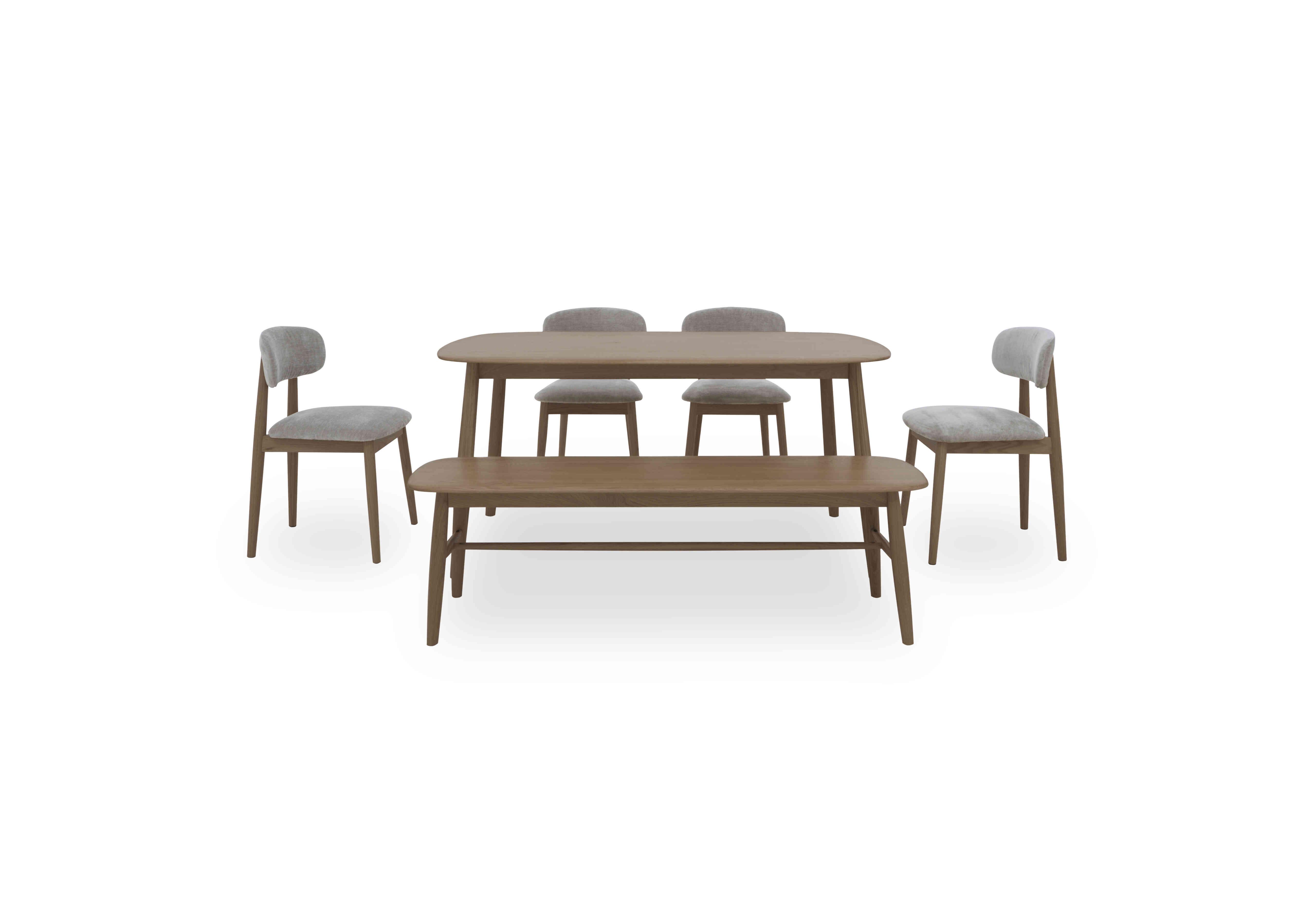 Stockholm Fixed Dining Table with 4 Wooden Dining Chairs and a Dining Bench in Dark Oak on Furniture Village