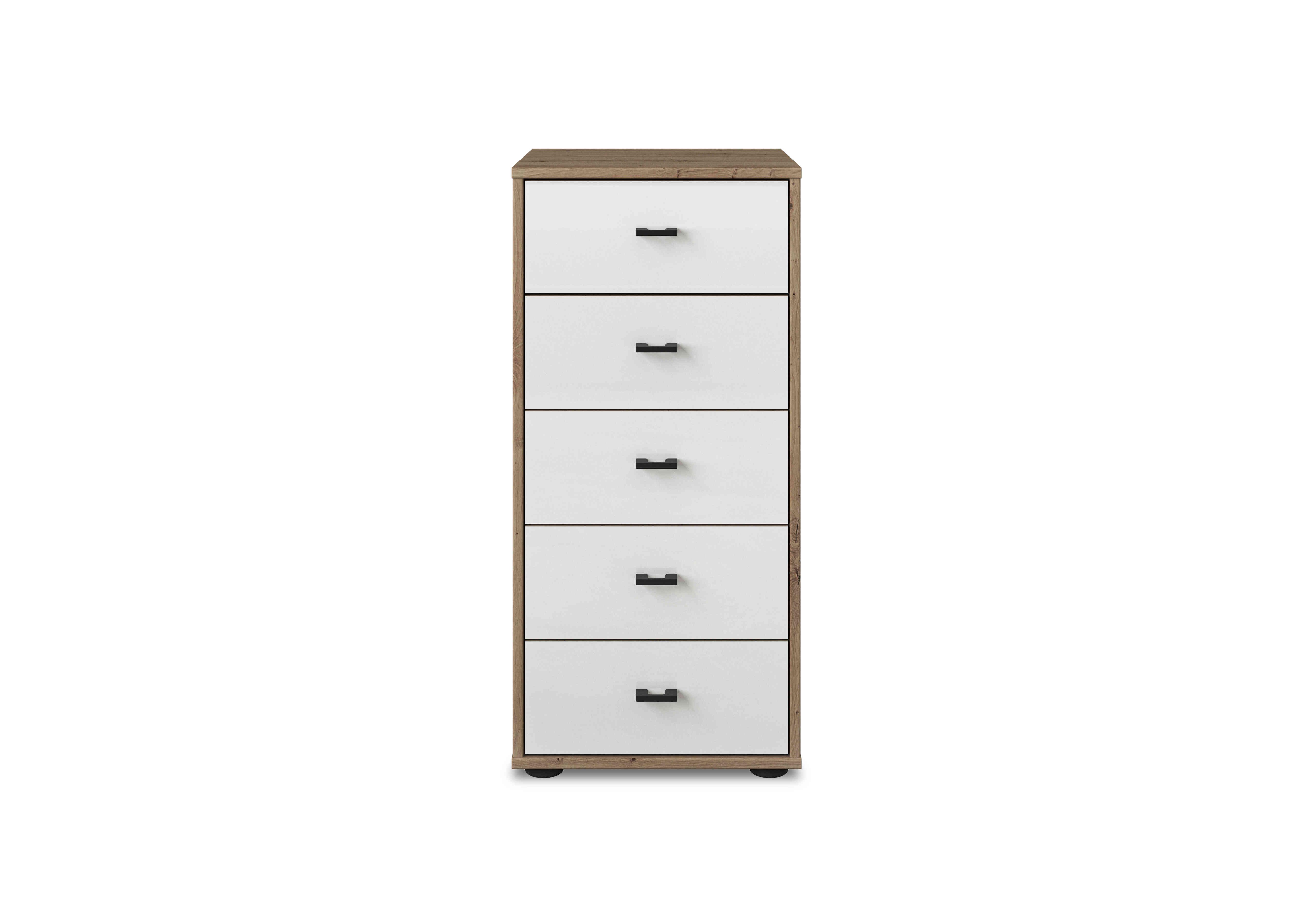 Dallas 40cm 5 Drawer Glass Chest in Bianco Oak And White on Furniture Village