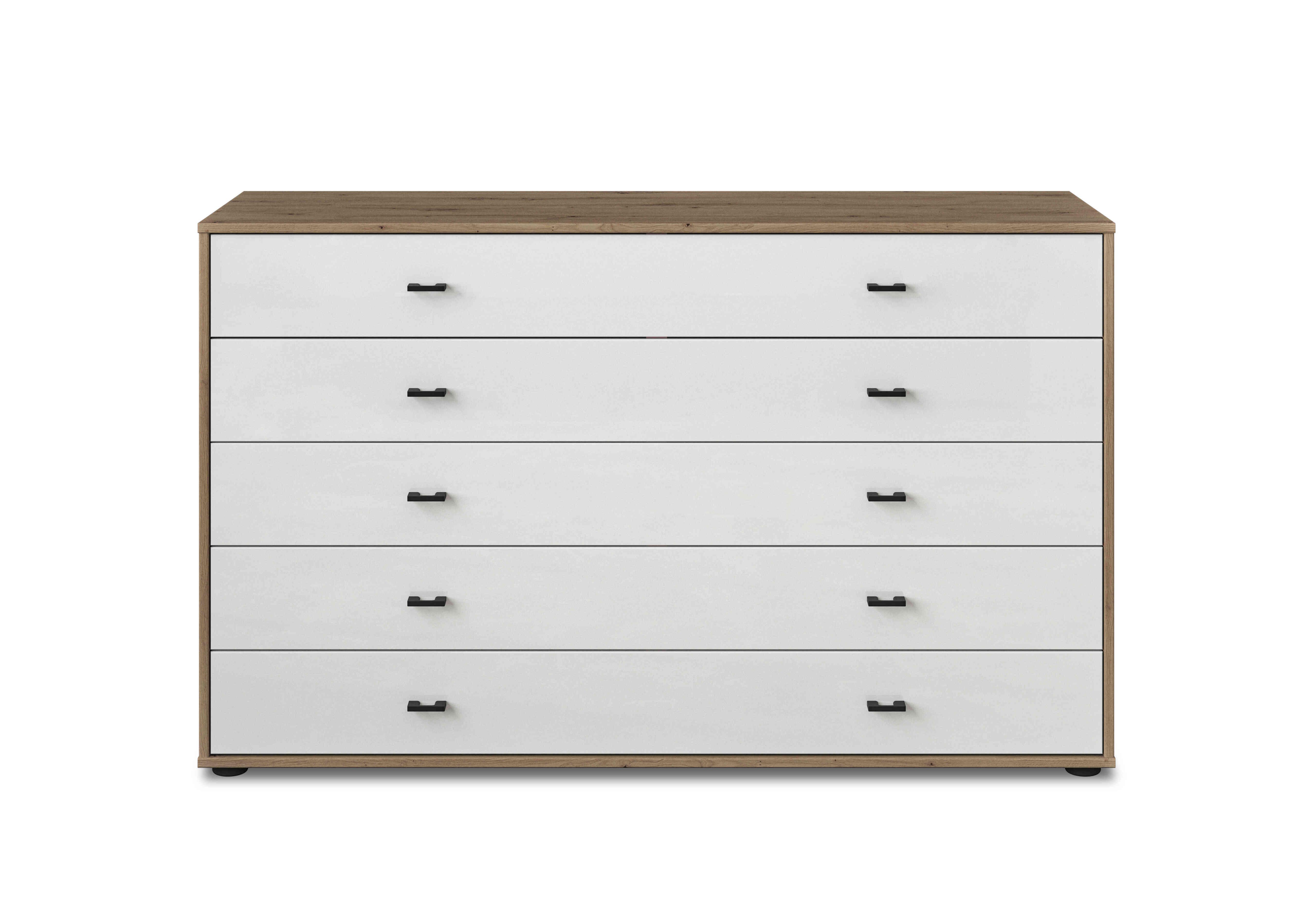 Dallas 141cm 5 Drawer Glass Chest in Bianco Oak And White on Furniture Village