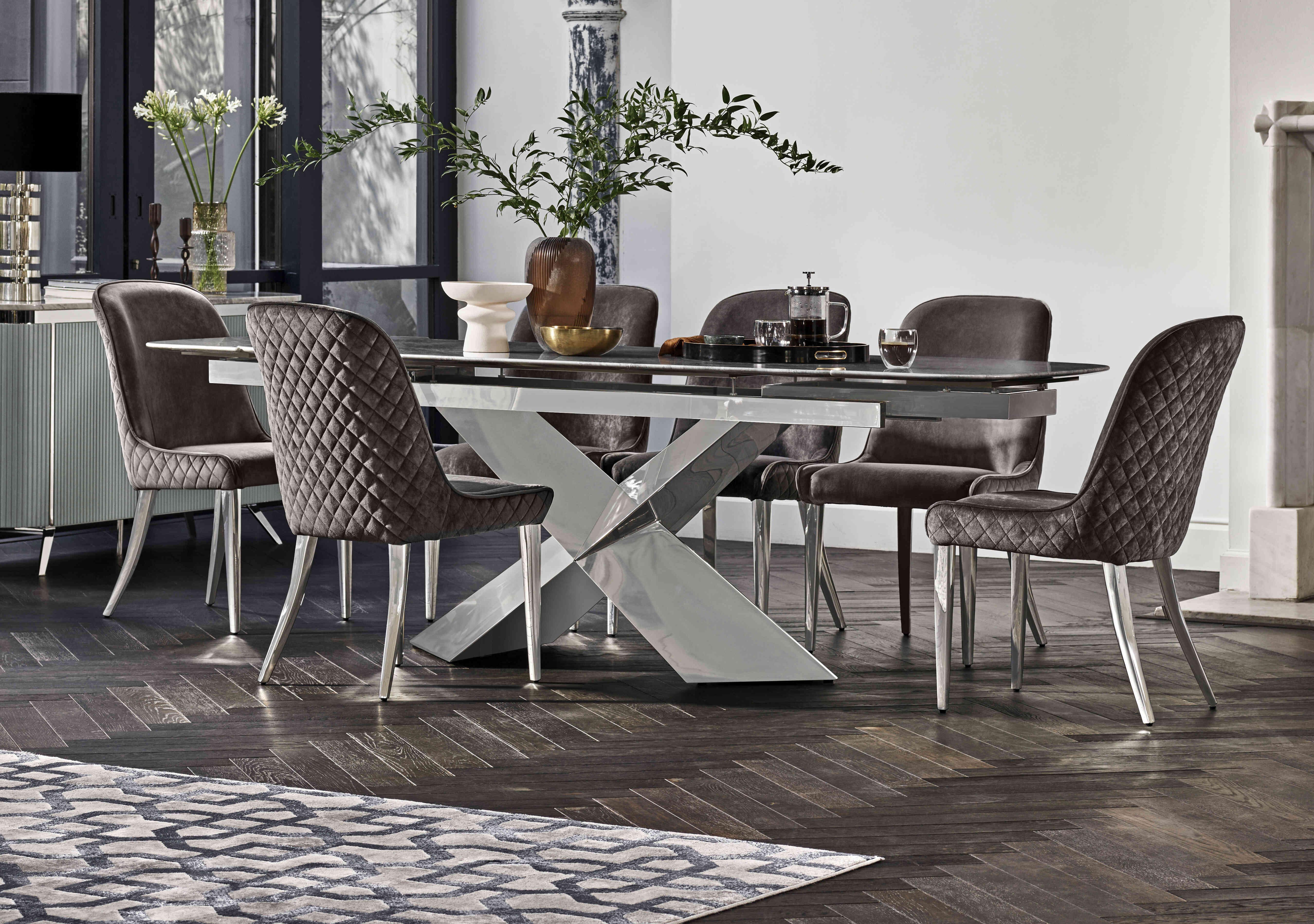 Gabana Extending Dining Table with 6 Velvet Dining Chairs in  on Furniture Village