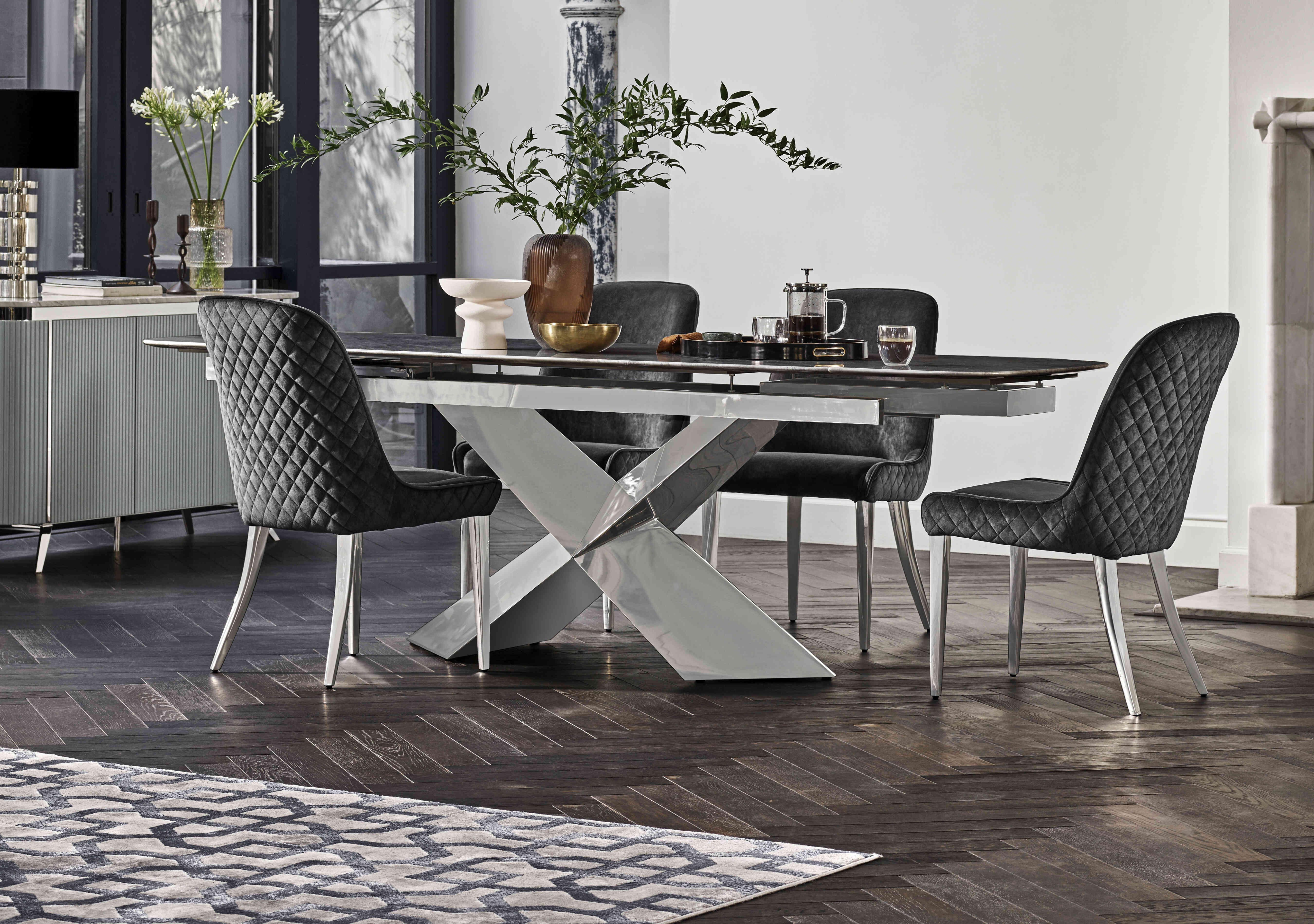 Gabana Extending Dining Table with 4 Velvet Dining Chairs in  on Furniture Village