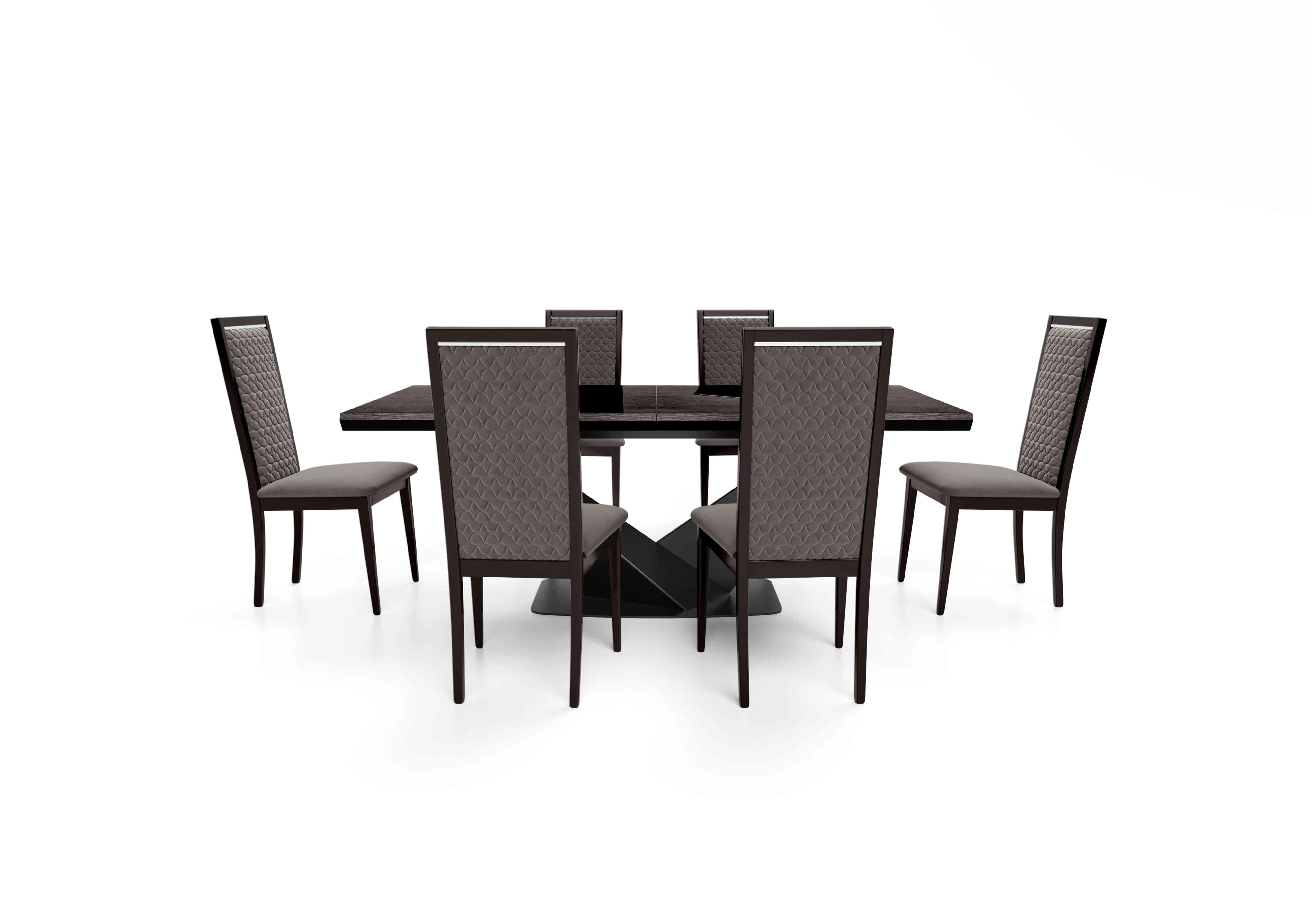 Vita Extending Dining Table and 6 Wooden Dining Chairs with Patterned Upholstered Backs in Miraglio 205 Granite on Furniture Village