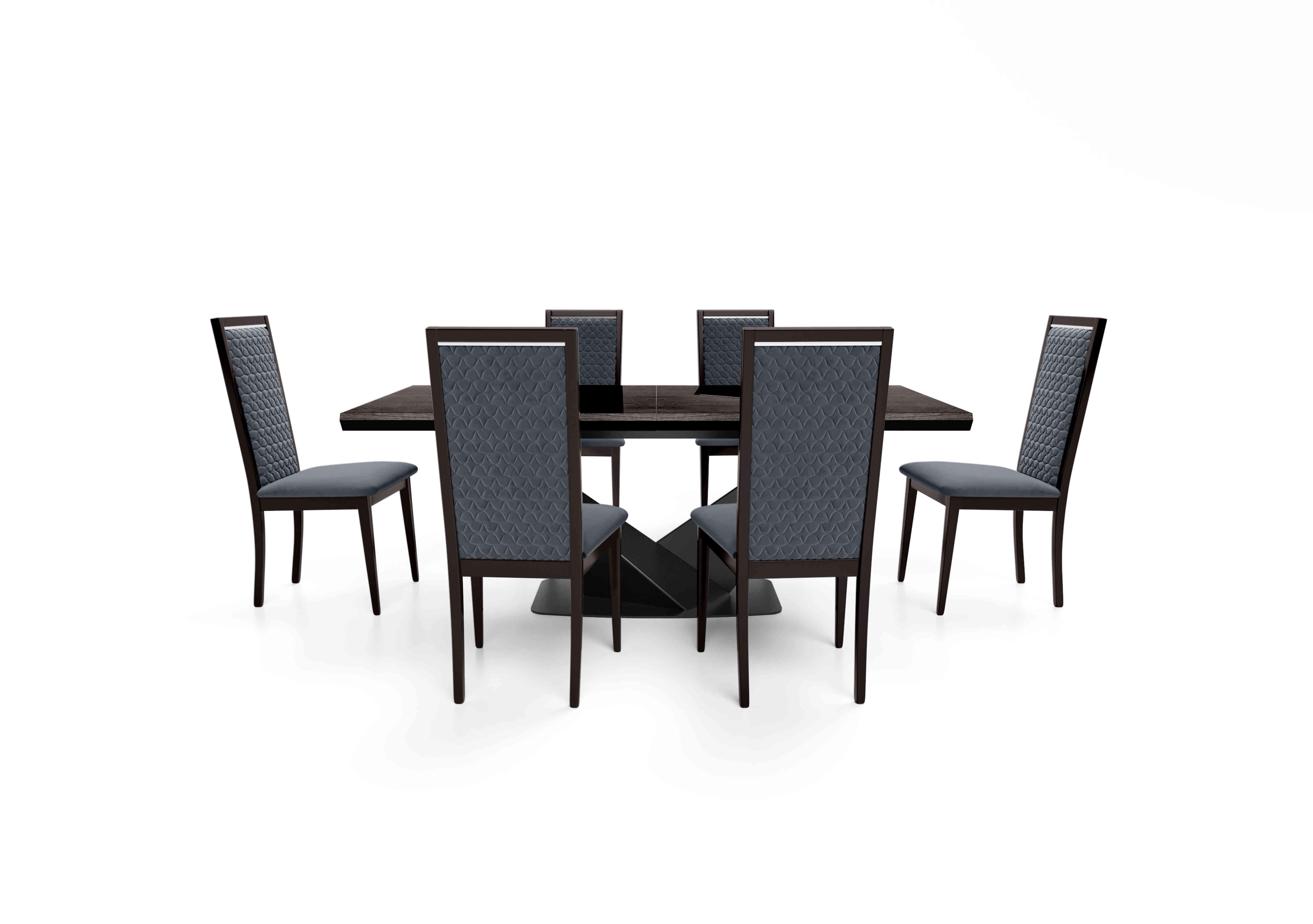 Vita Extending Dining Table and 6 Wooden Dining Chairs with Patterned Upholstered Backs in Miraglio 617 Charcoal on Furniture Village