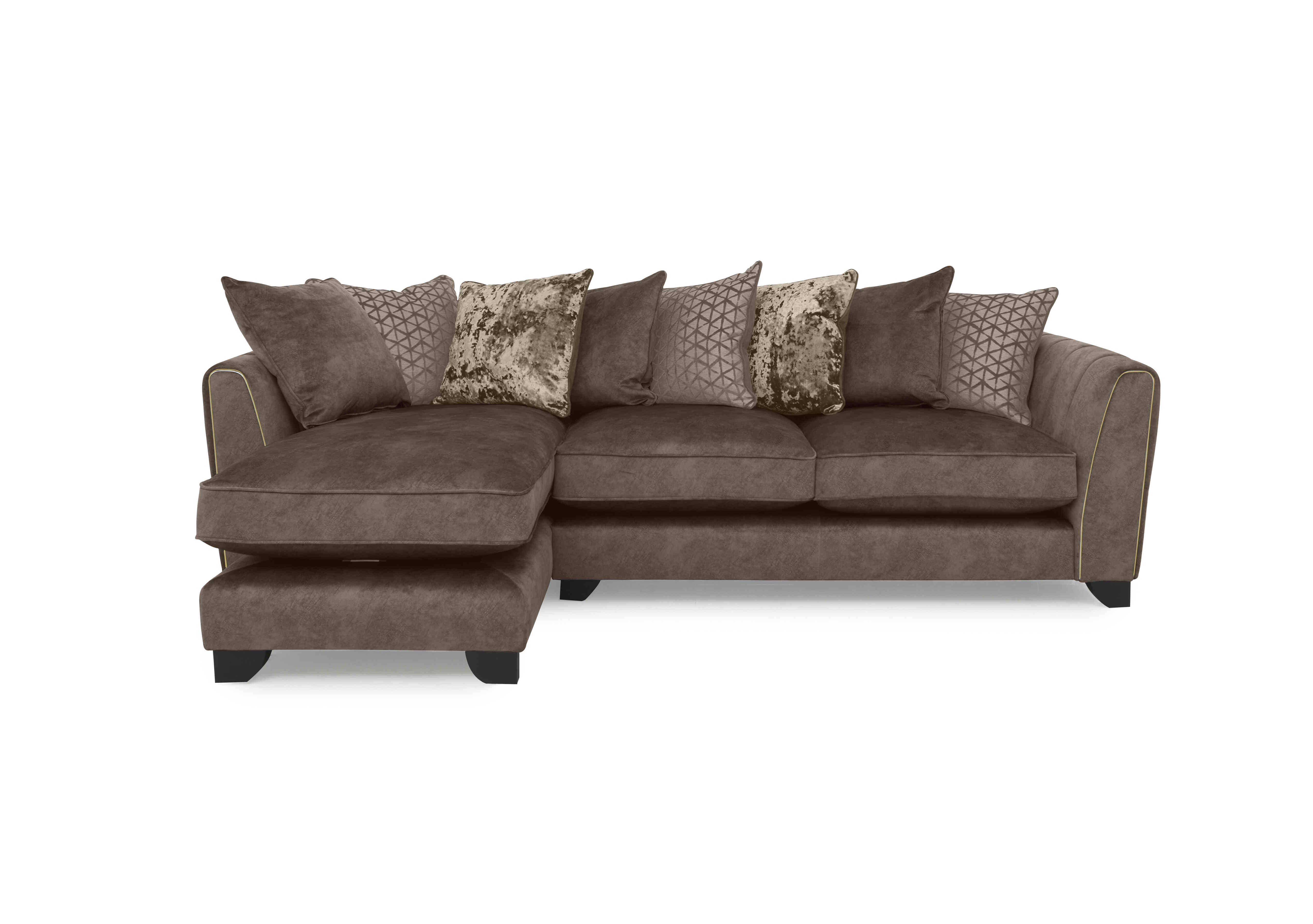 Ariana Fabric Pillow Back Chaise End Sofa in Dapple Chocolate Brass Insert on Furniture Village