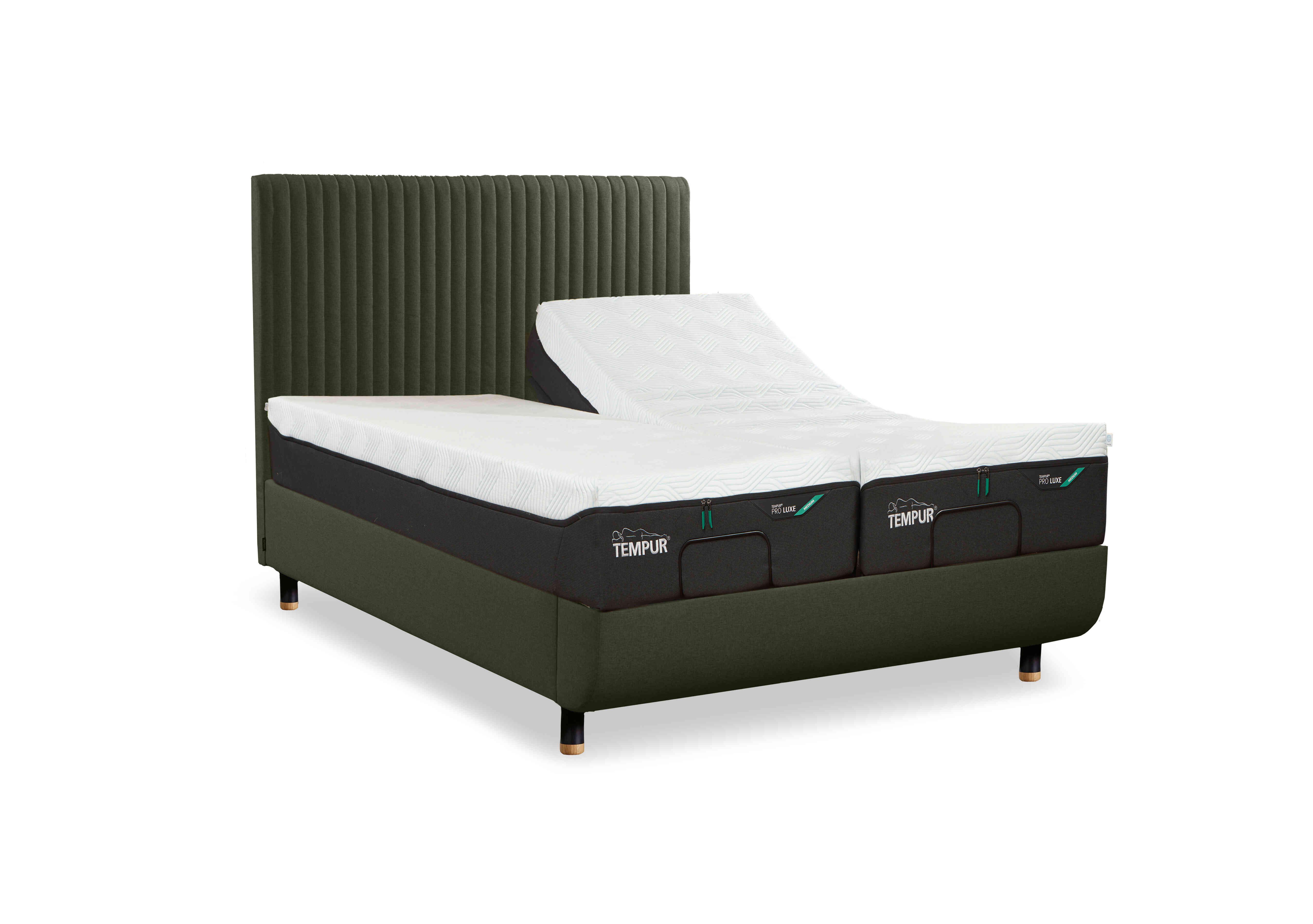 Arc Adjustable Disc Bed Frame with Vertical Headboard in Dark Green-Black/Oak Feet on Furniture Village