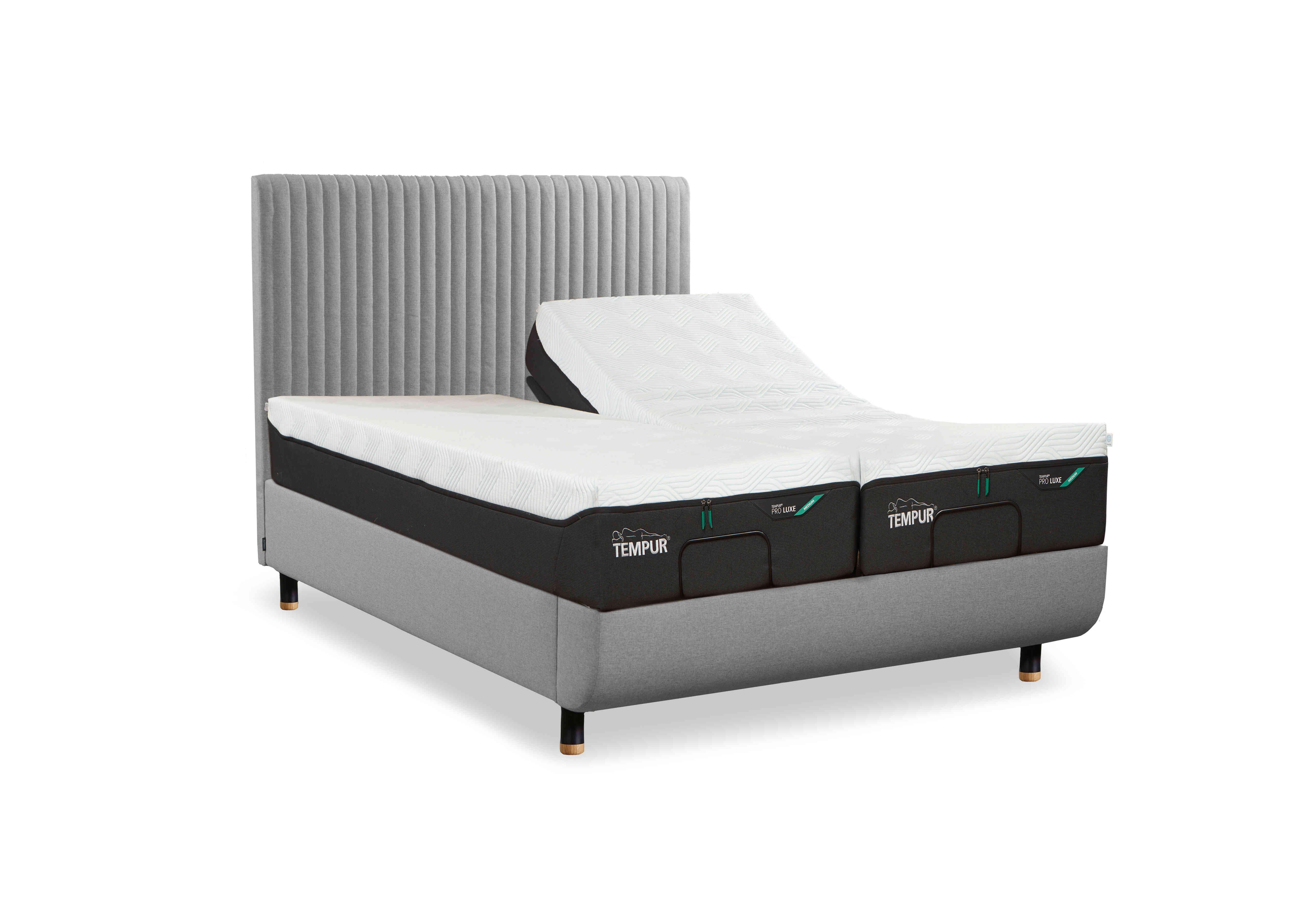 Arc Ergo Smart Base Bed Frame with Vertical Headboard in Stone-Natural Ash Feet on Furniture Village