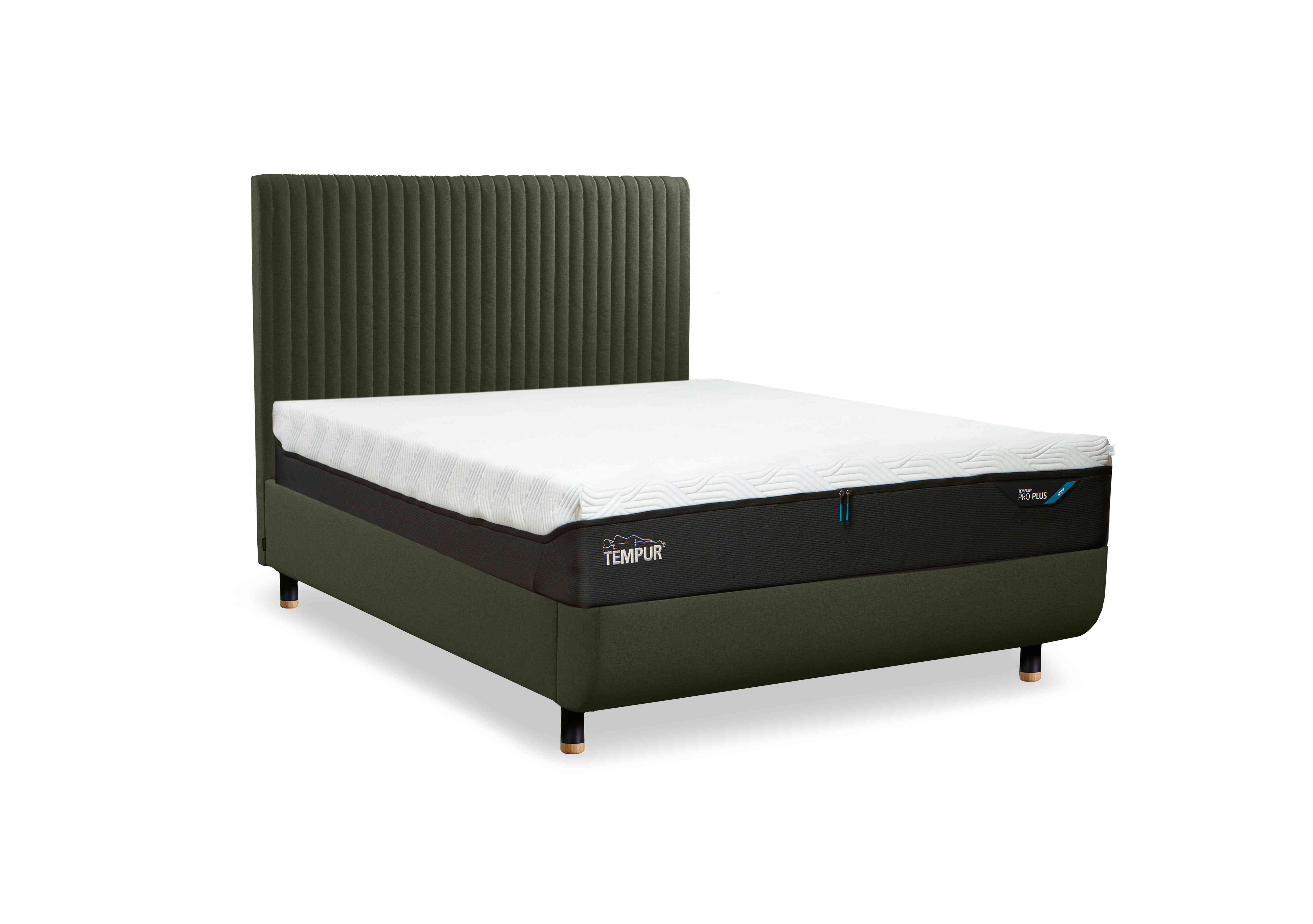 Arc Disc Ottoman Bed Frame with Vertical Headboard in Dark Green-Black/Oak Feet on Furniture Village