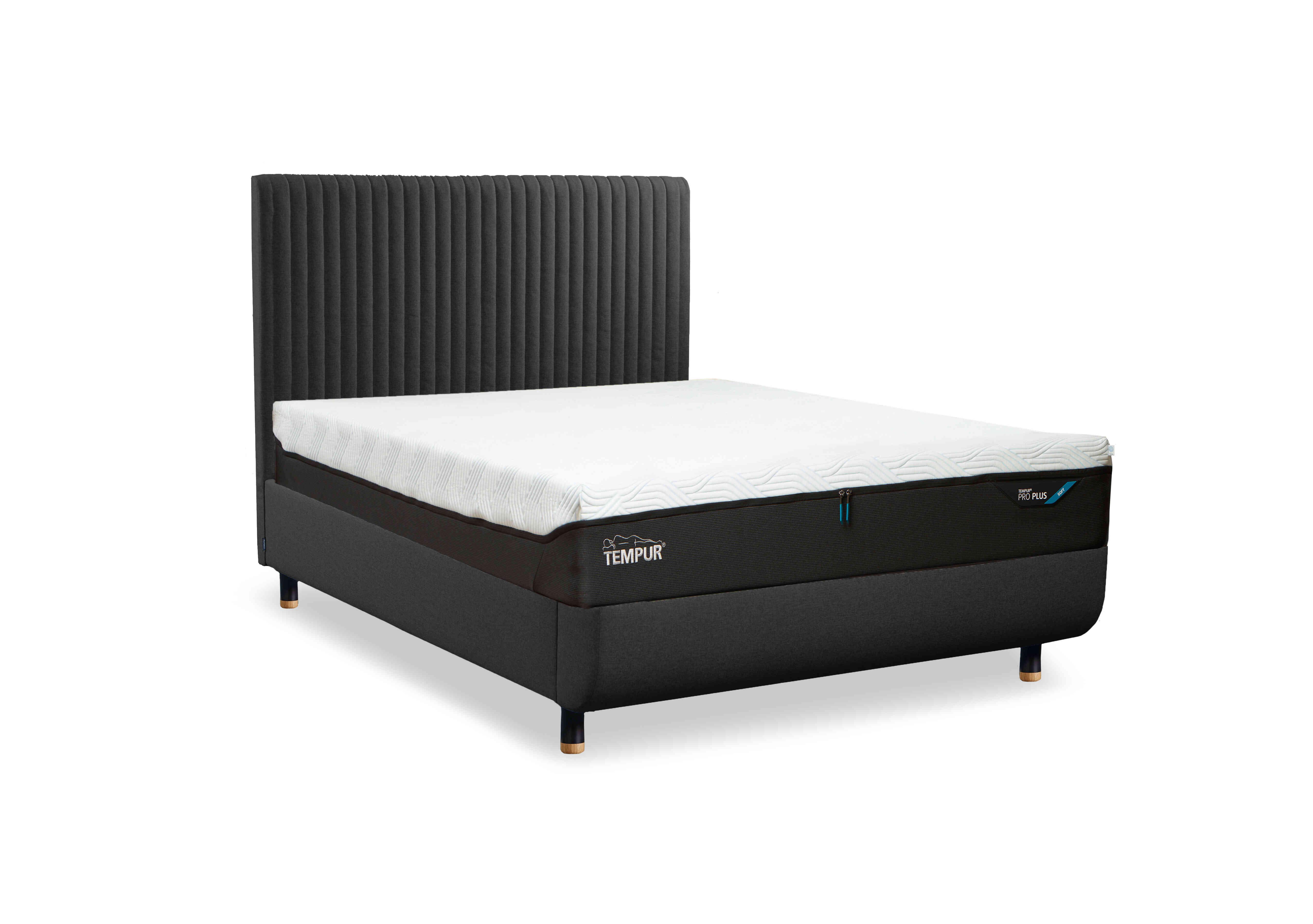 Arc Disc Ottoman Bed Frame with Vertical Headboard in Dark Grey-Black/Oak Feet on Furniture Village