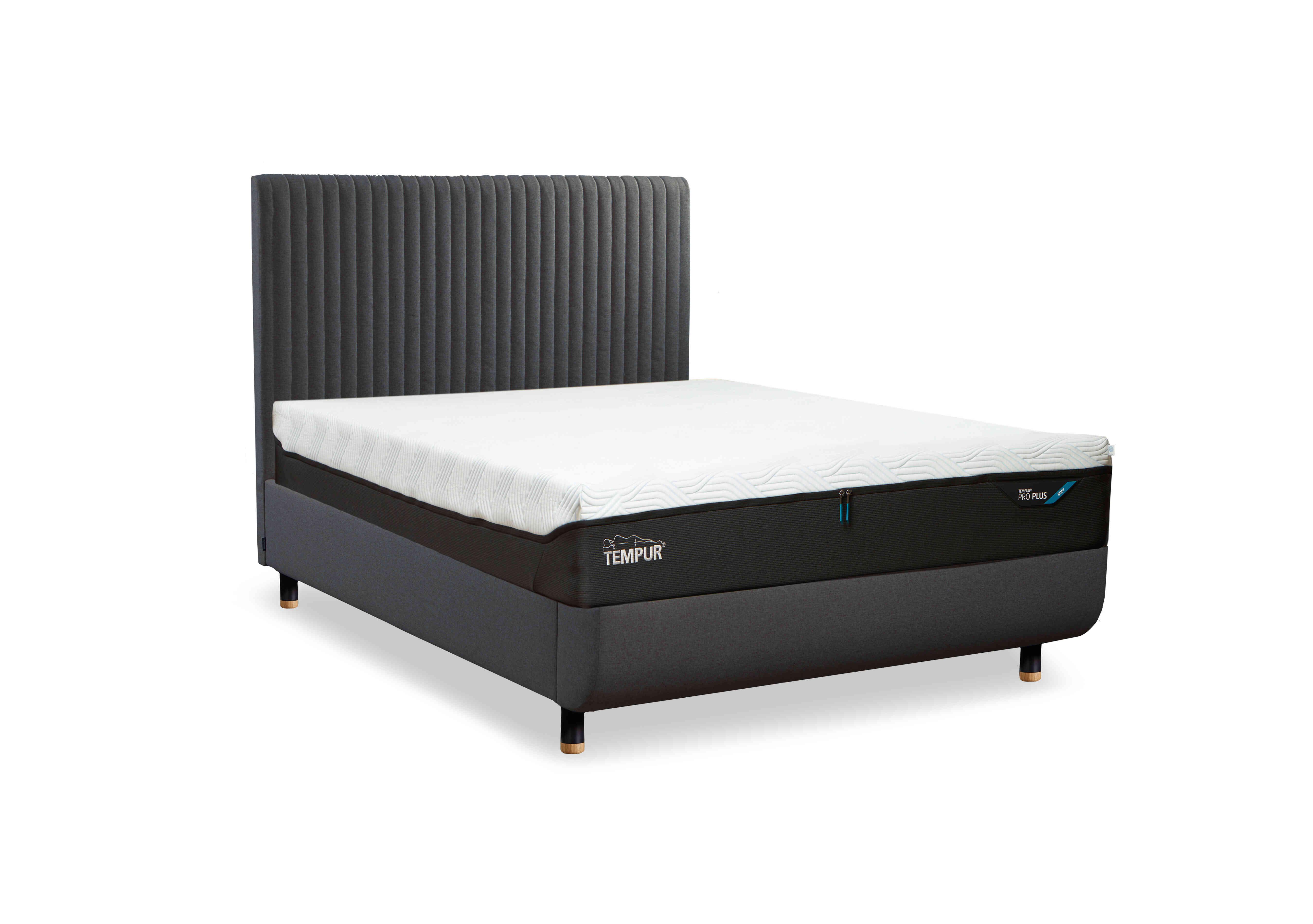 Arc Disc Ottoman Bed Frame with Vertical Headboard in Dark Stone-Matt Black Feet on Furniture Village