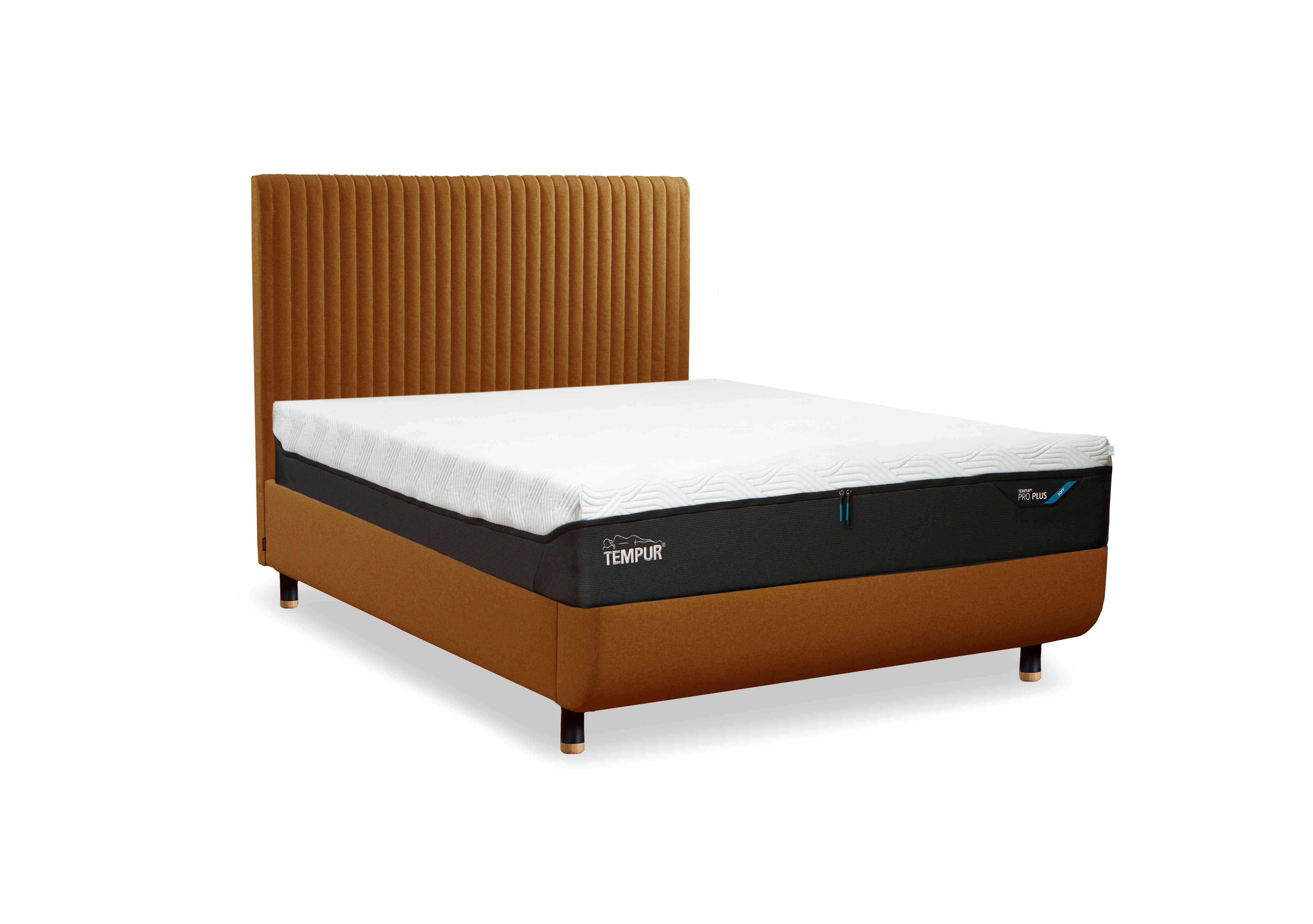 Arc Disc Ottoman Bed Frame with Vertical Headboard in Gold-Natural Ash Feet on Furniture Village