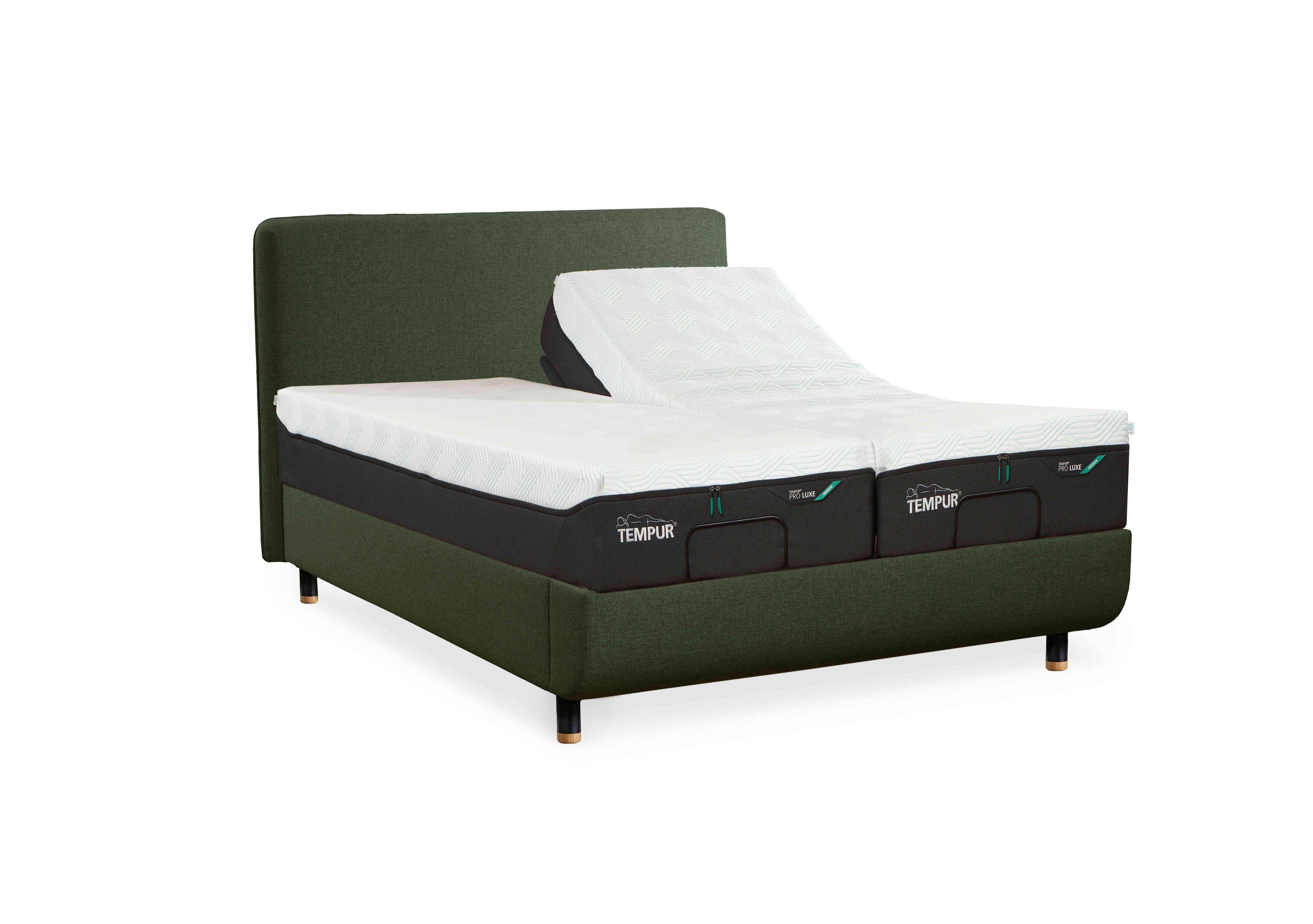 Arc Adjustable Disc Bed Frame with Form Headboard in Dark Green-Black/Oak Feet on Furniture Village