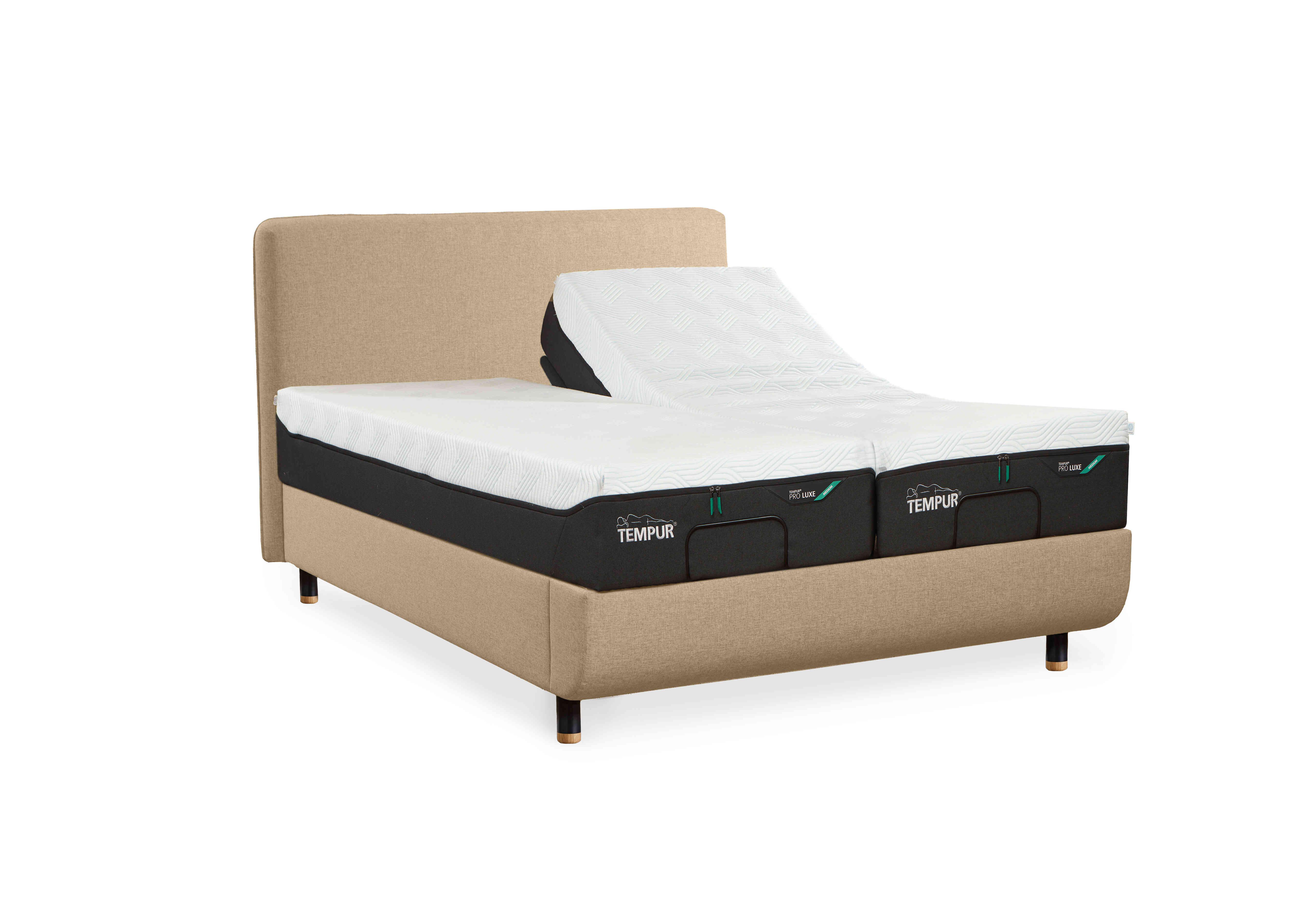 Arc Adjustable Disc Bed Frame with Form Headboard in Sand-Matt Black Feet on Furniture Village