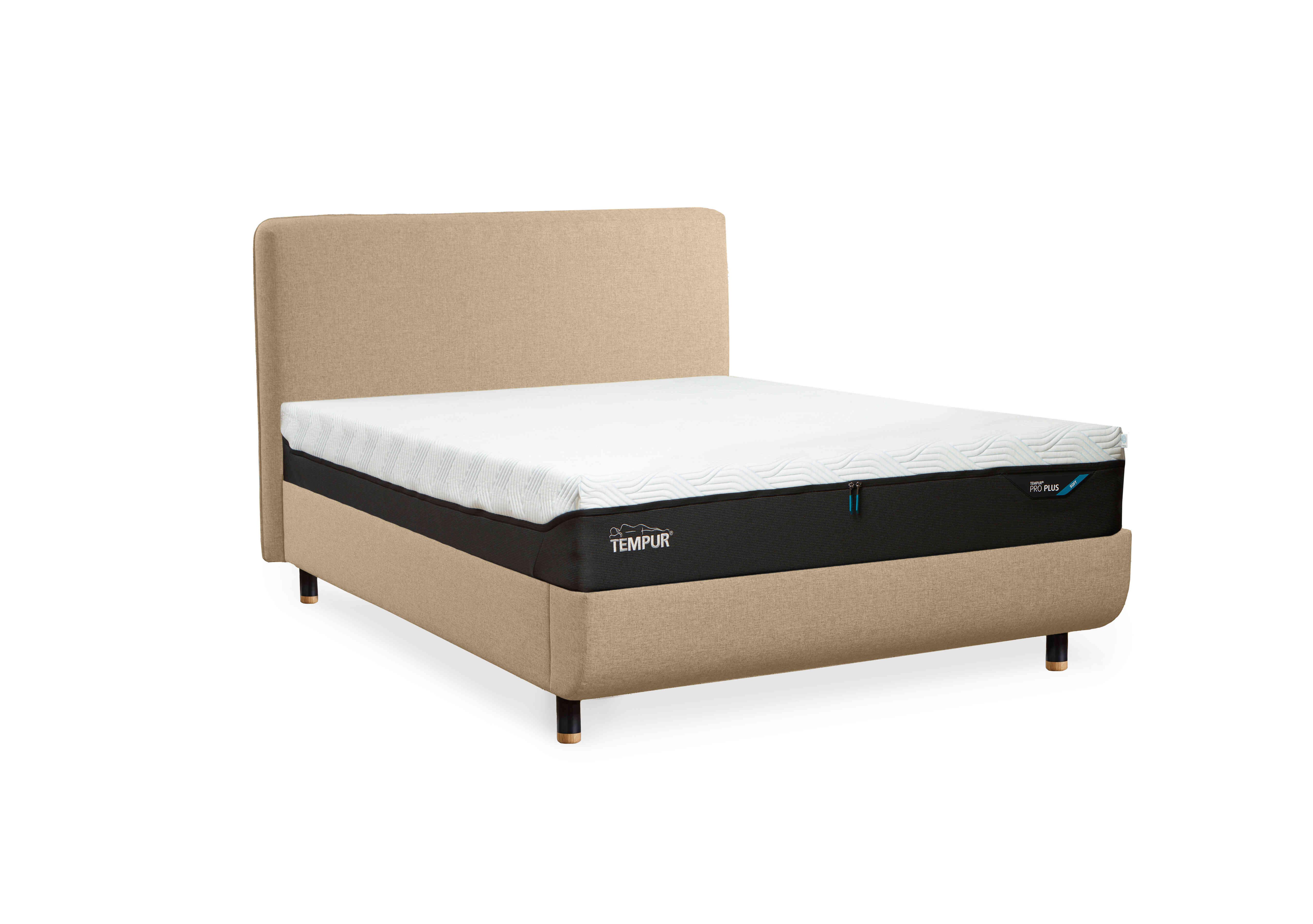 Arc Disc Bed Frame with Form Headboard in Sand-Matt Black Feet on Furniture Village