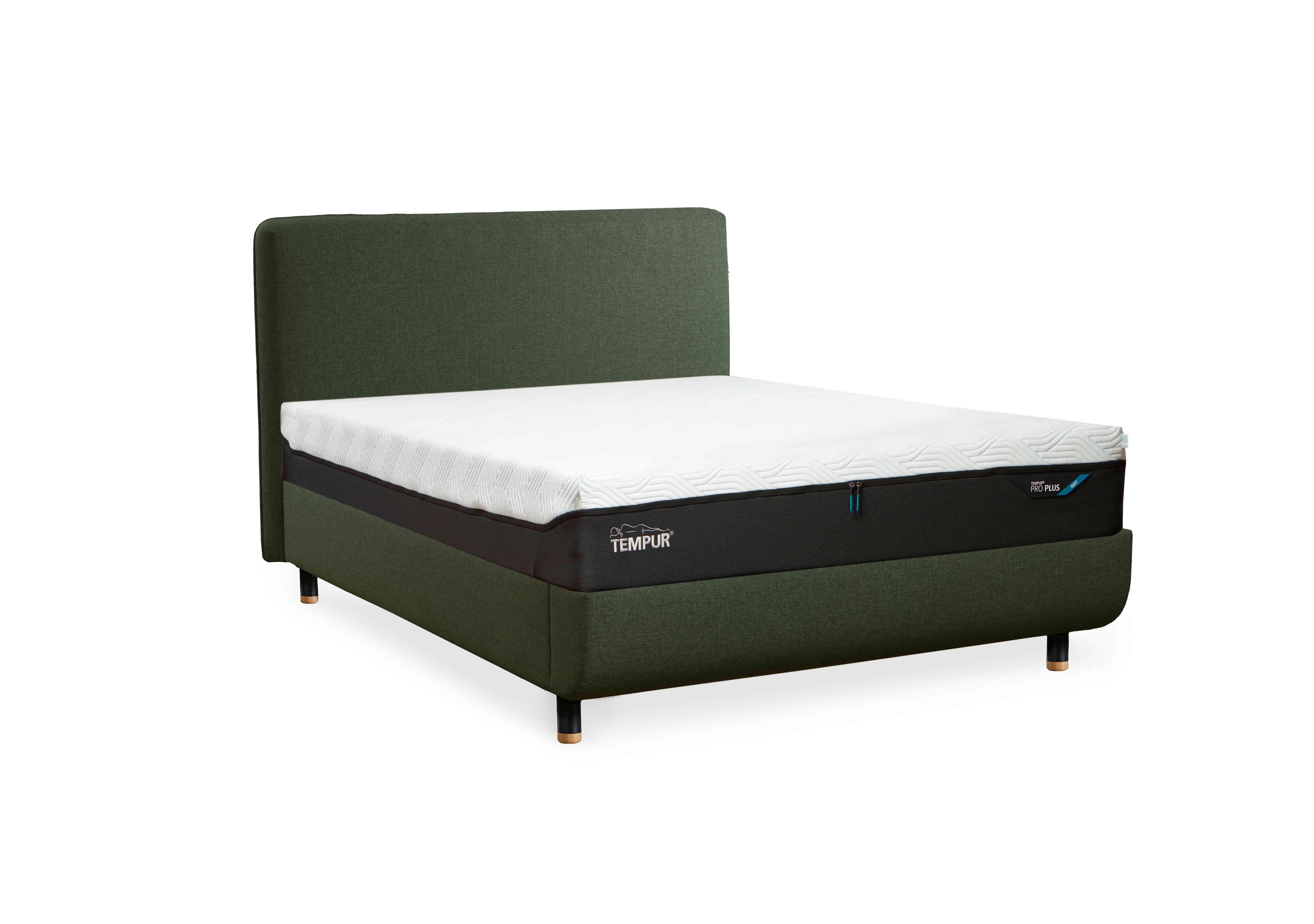 Arc Slatted Ottoman Bed Frame with Form Headboard in Dark Green-Black/Oak Feet on Furniture Village