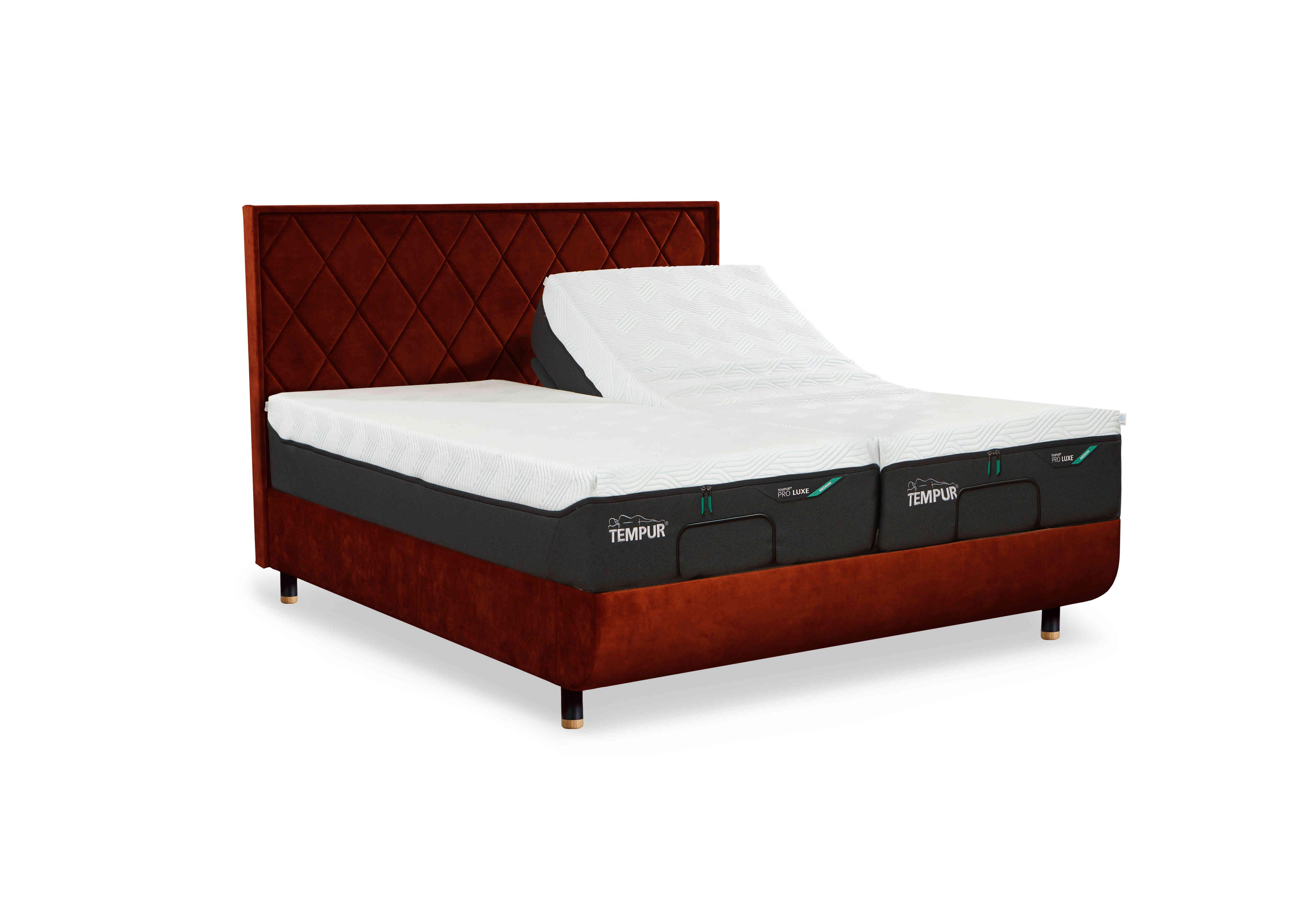 Arc Adjustable Disc Bed Frame with Quilted Headboard in Copper-Matt Black Feet on Furniture Village